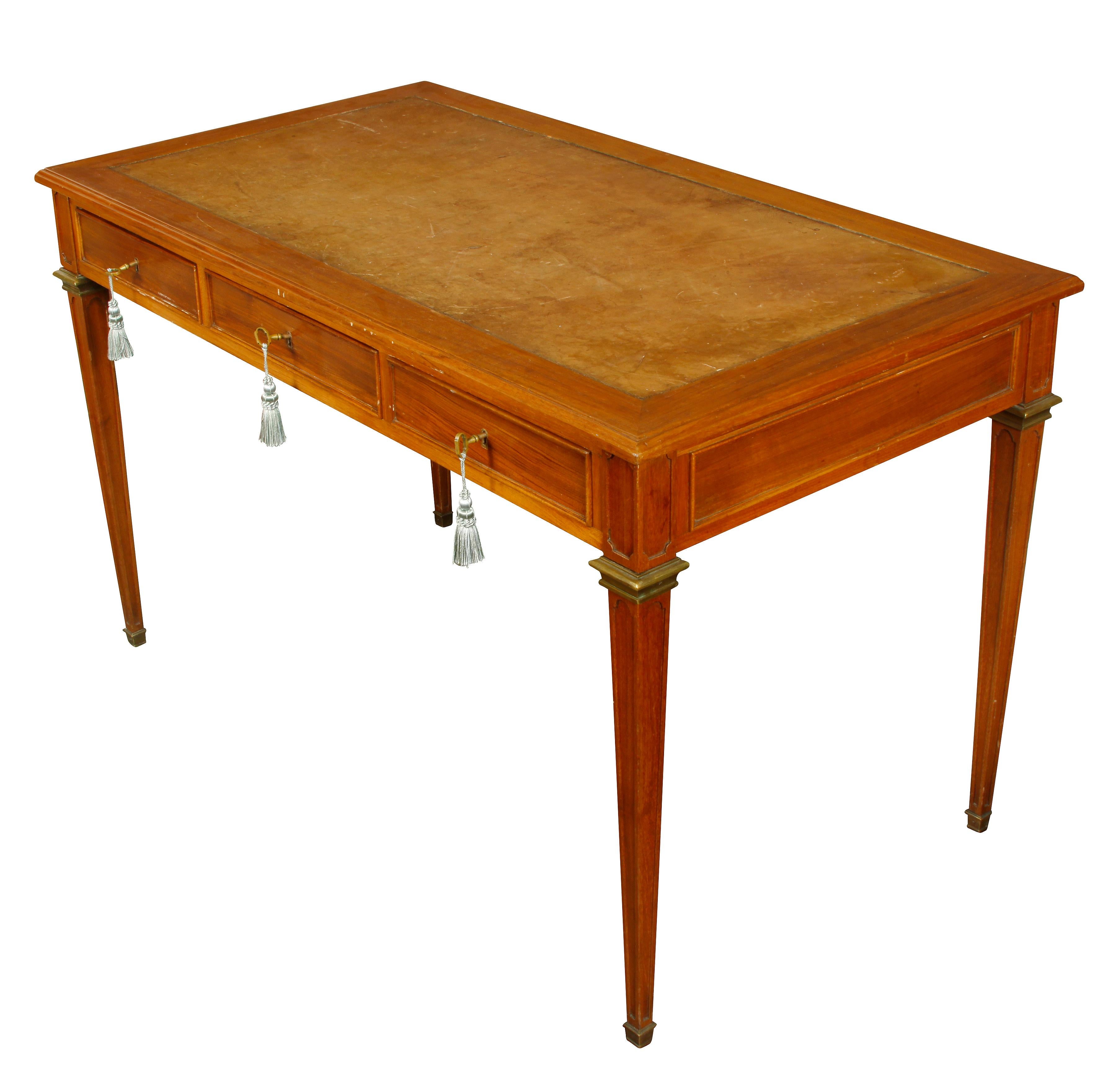 Leather Top Louis XVI Style Writing Desk with Brass Trim In Good Condition In Locust Valley, NY