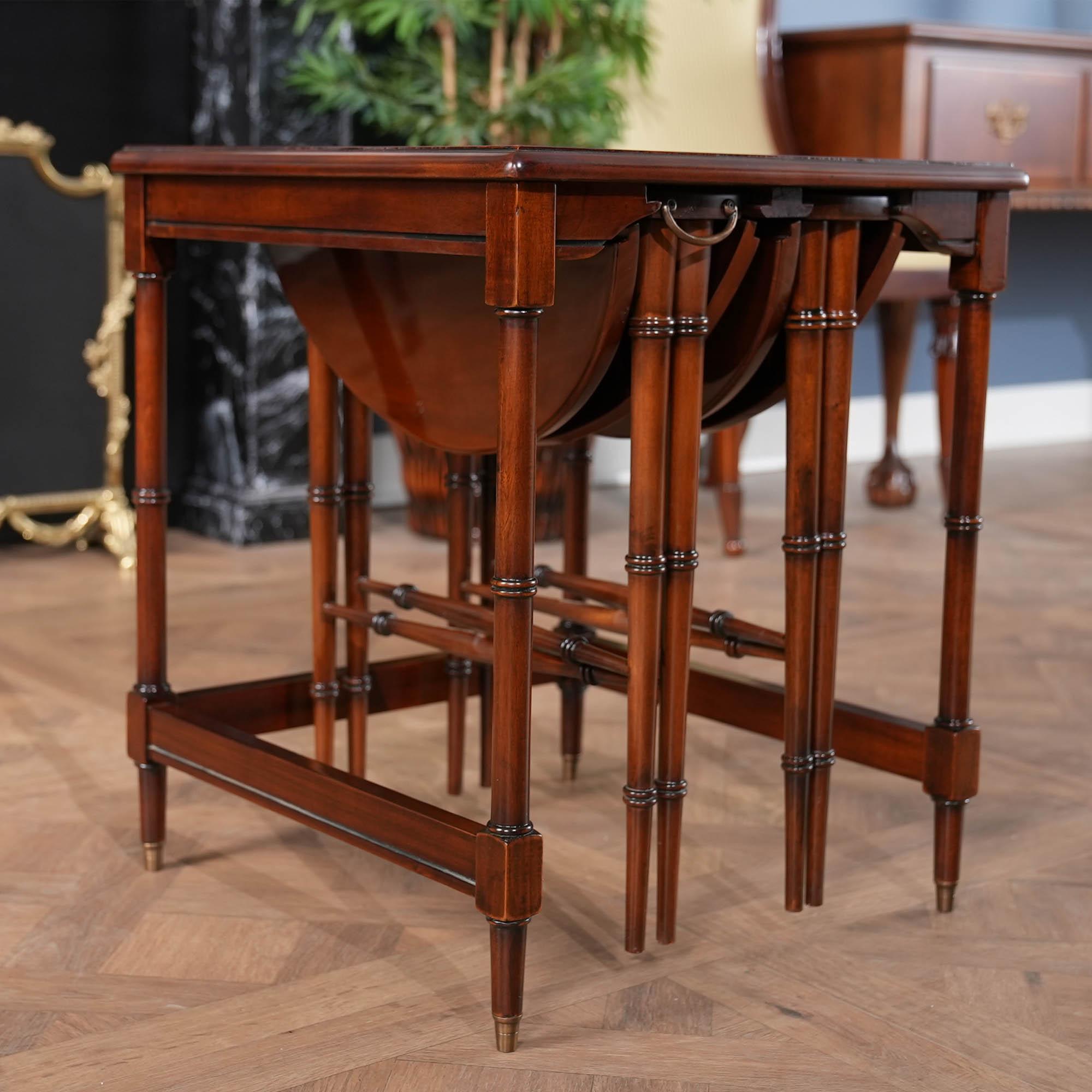 This English style Leather Top Nesting Table from Niagara Furniture features three tables, the larger table with a genuine leather, tooled panel and the smaller two tables with attractive mahogany tops and fold out cross supports. Supported on hand