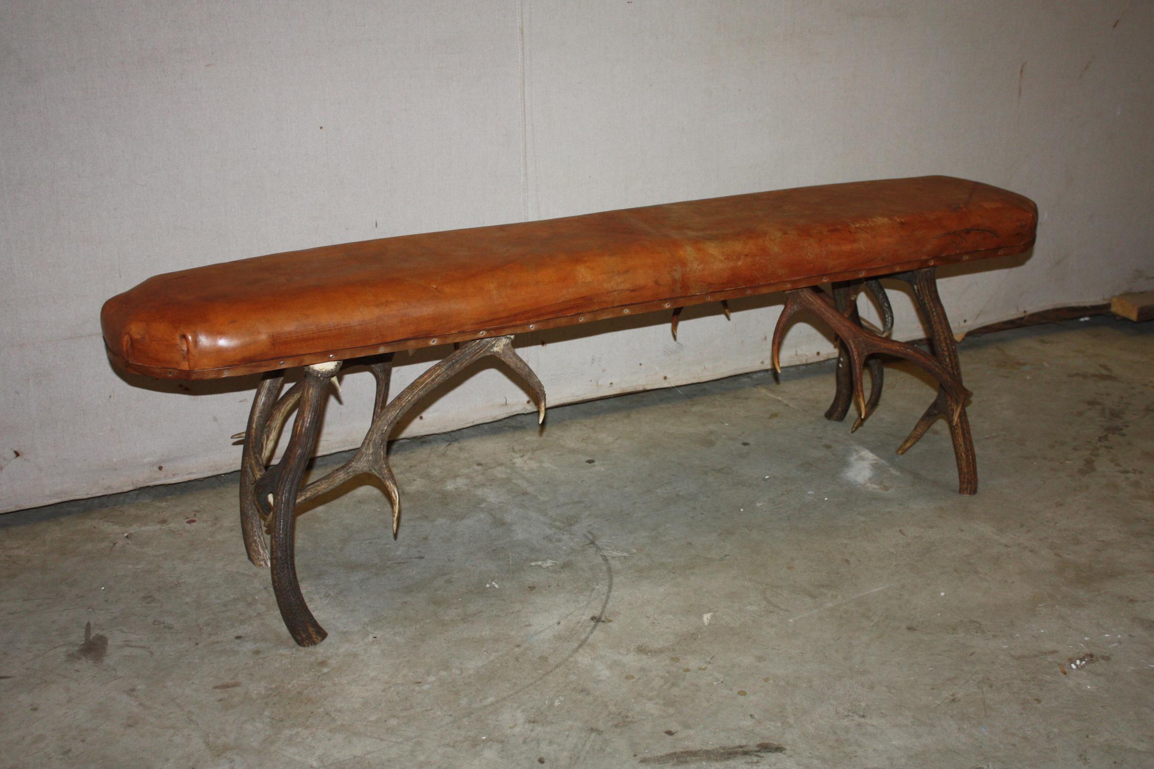 English Leather Top Stag Horn Bench For Sale