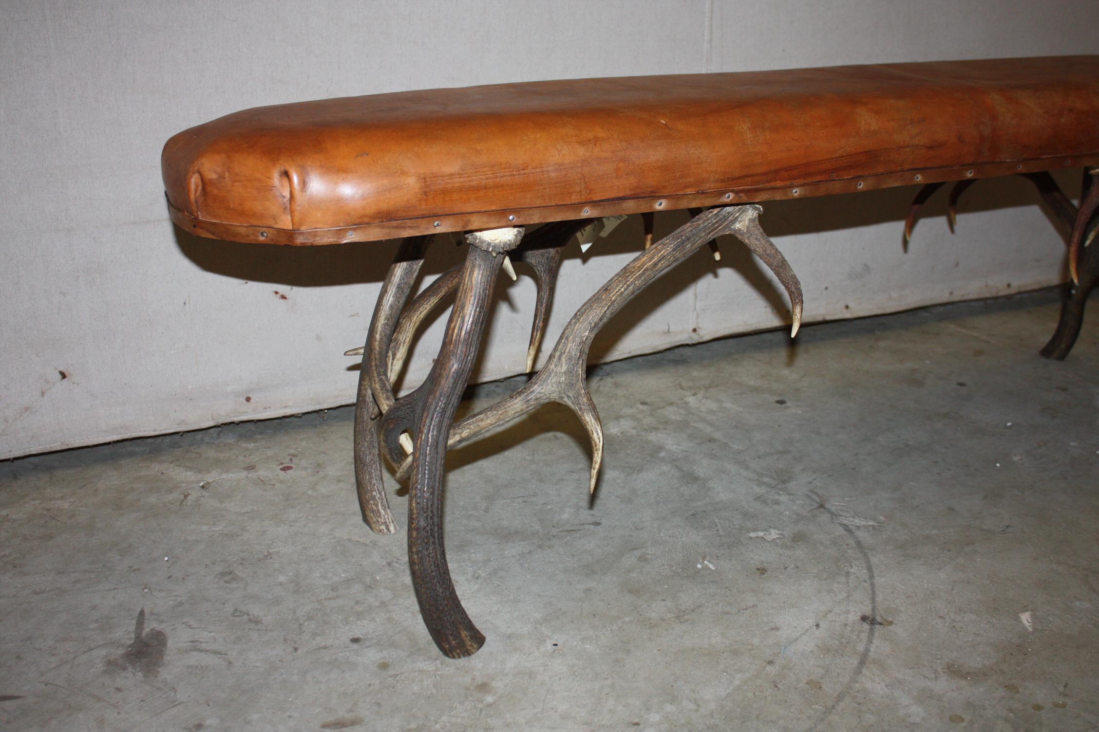 20th Century Leather Top Stag Horn Bench For Sale