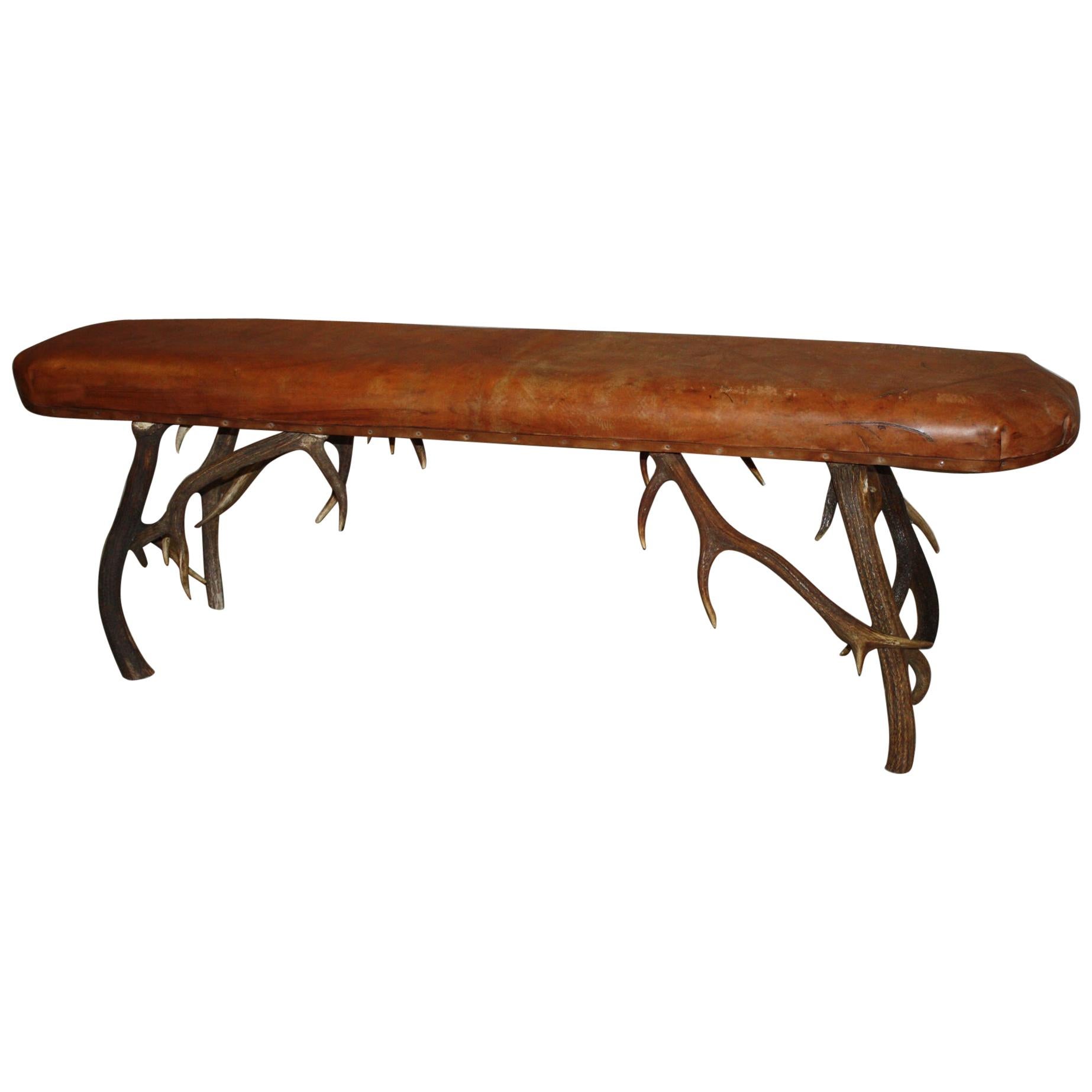 Leather Top Stag Horn Bench For Sale