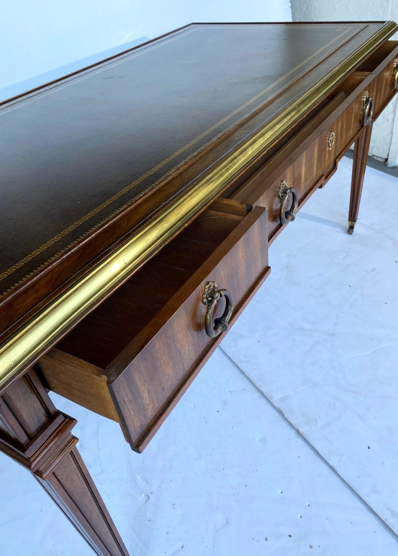 Brass Leather Top Writing Desk For Sale