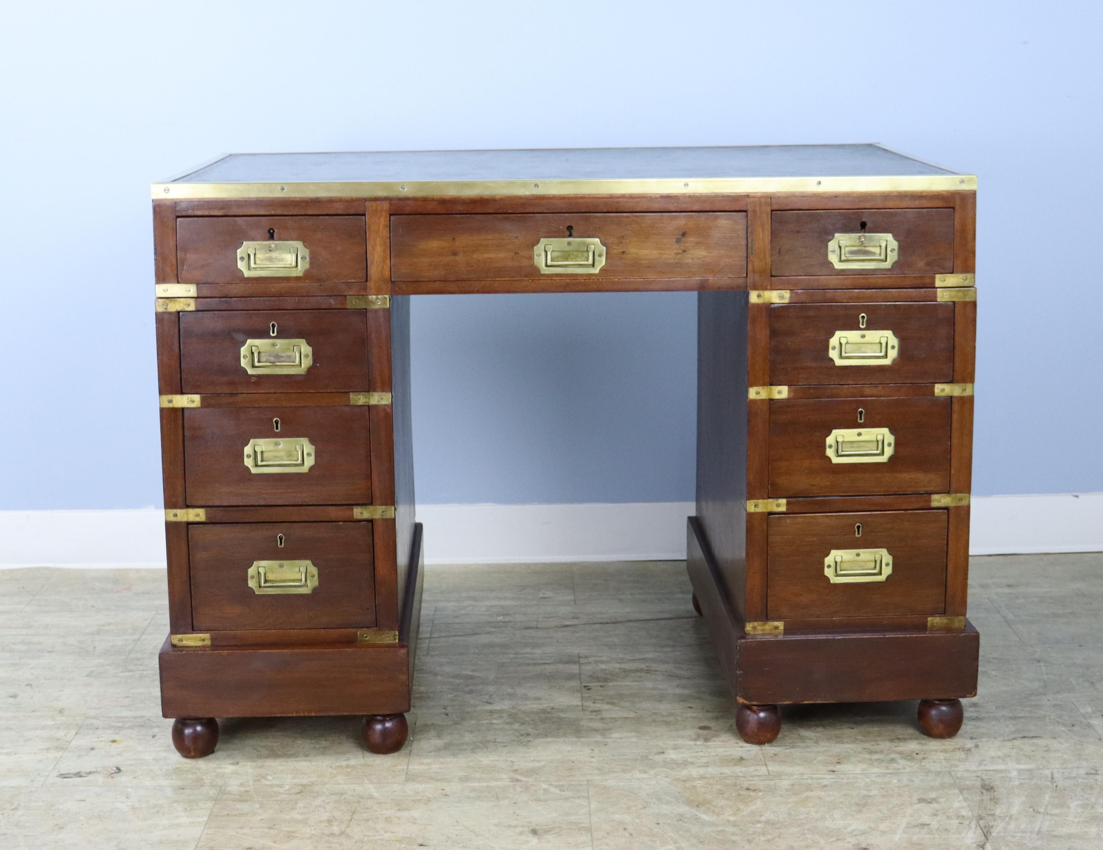 English Leather Topped Mahogany Campaign Desk with Brass Moulded Edge For Sale
