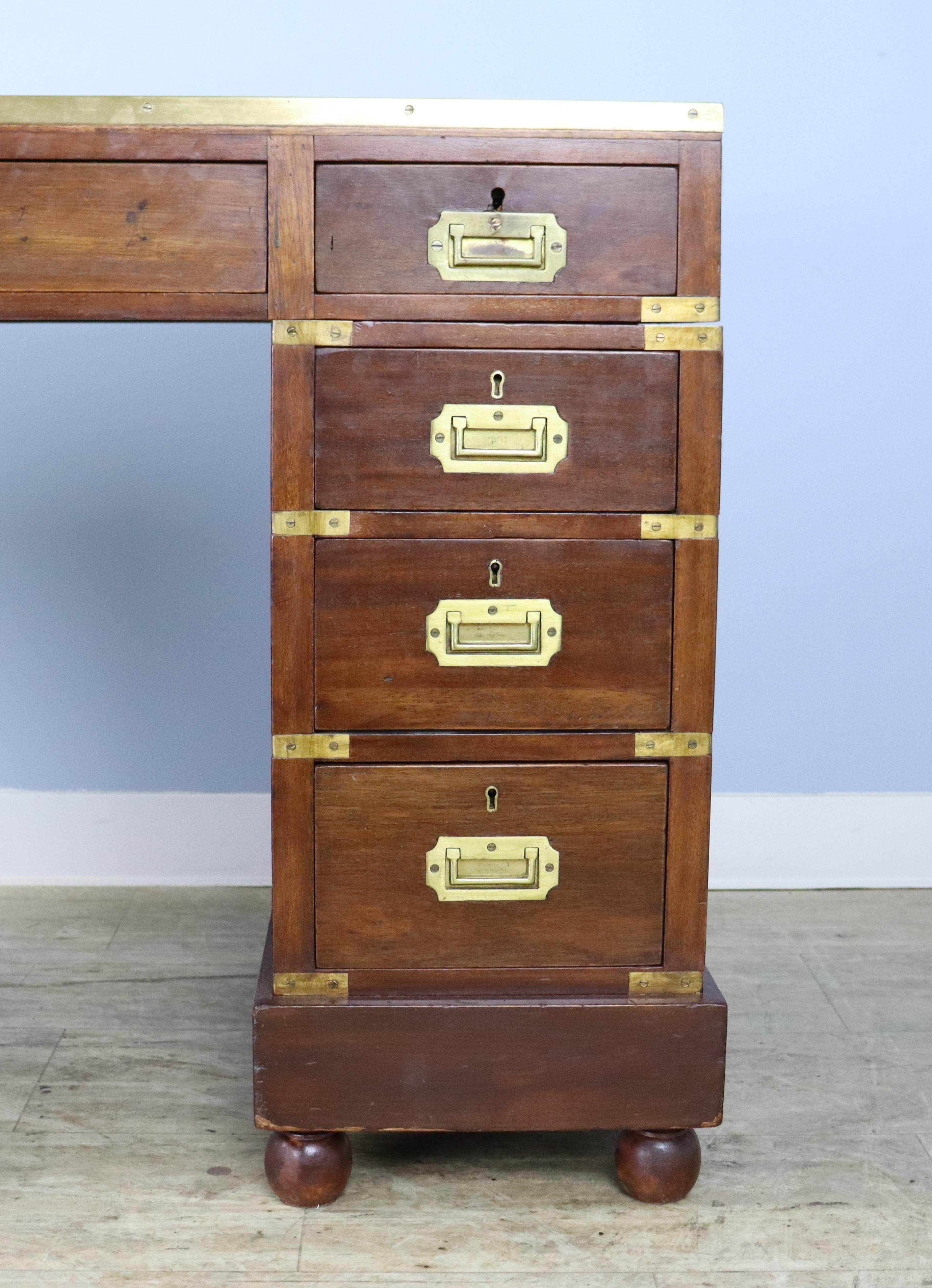 Leather Topped Mahogany Campaign Desk with Brass Moulded Edge For Sale 3