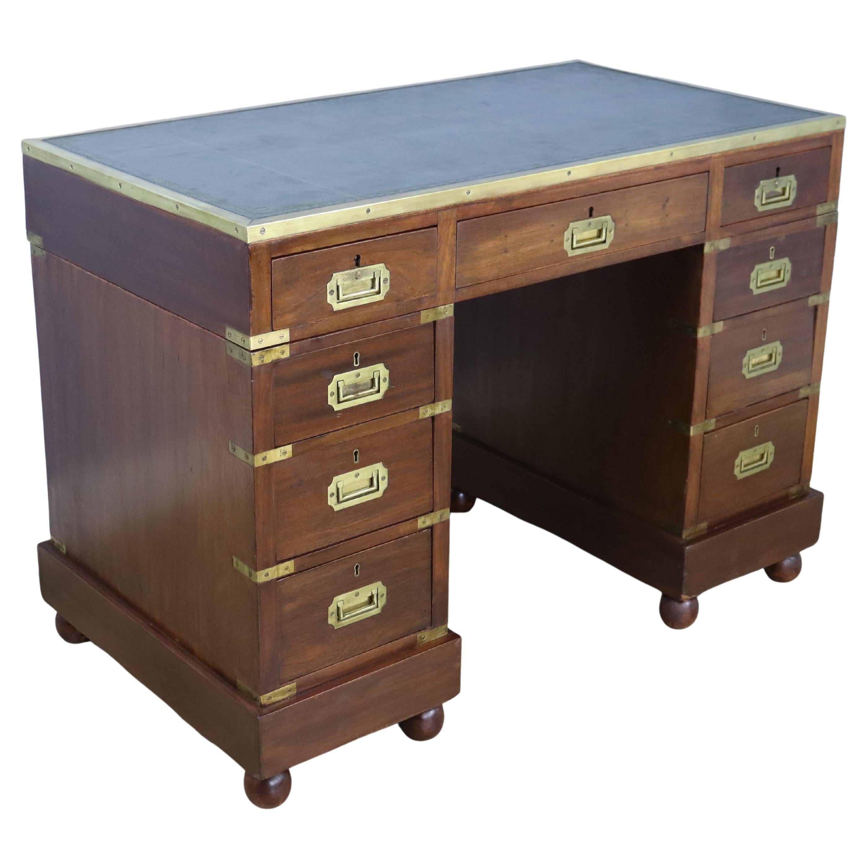 Leather Topped Mahogany Campaign Desk with Brass Moulded Edge For Sale