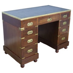 Retro Leather Topped Mahogany Campaign Desk with Brass Moulded Edge