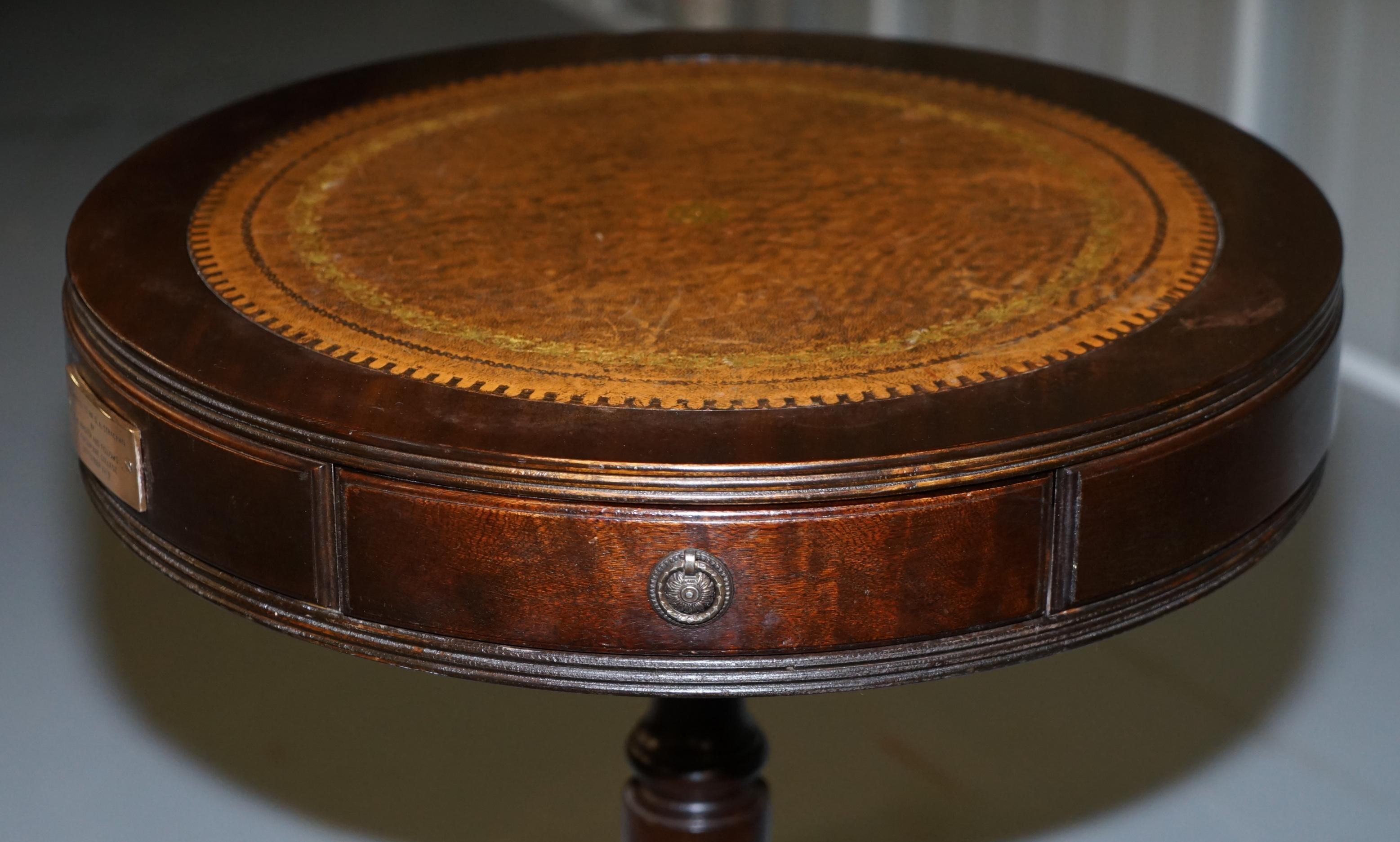 Leather Topped Three-Drawer Regency Style Drum Side End Lamp Table Bronze Plaque 7