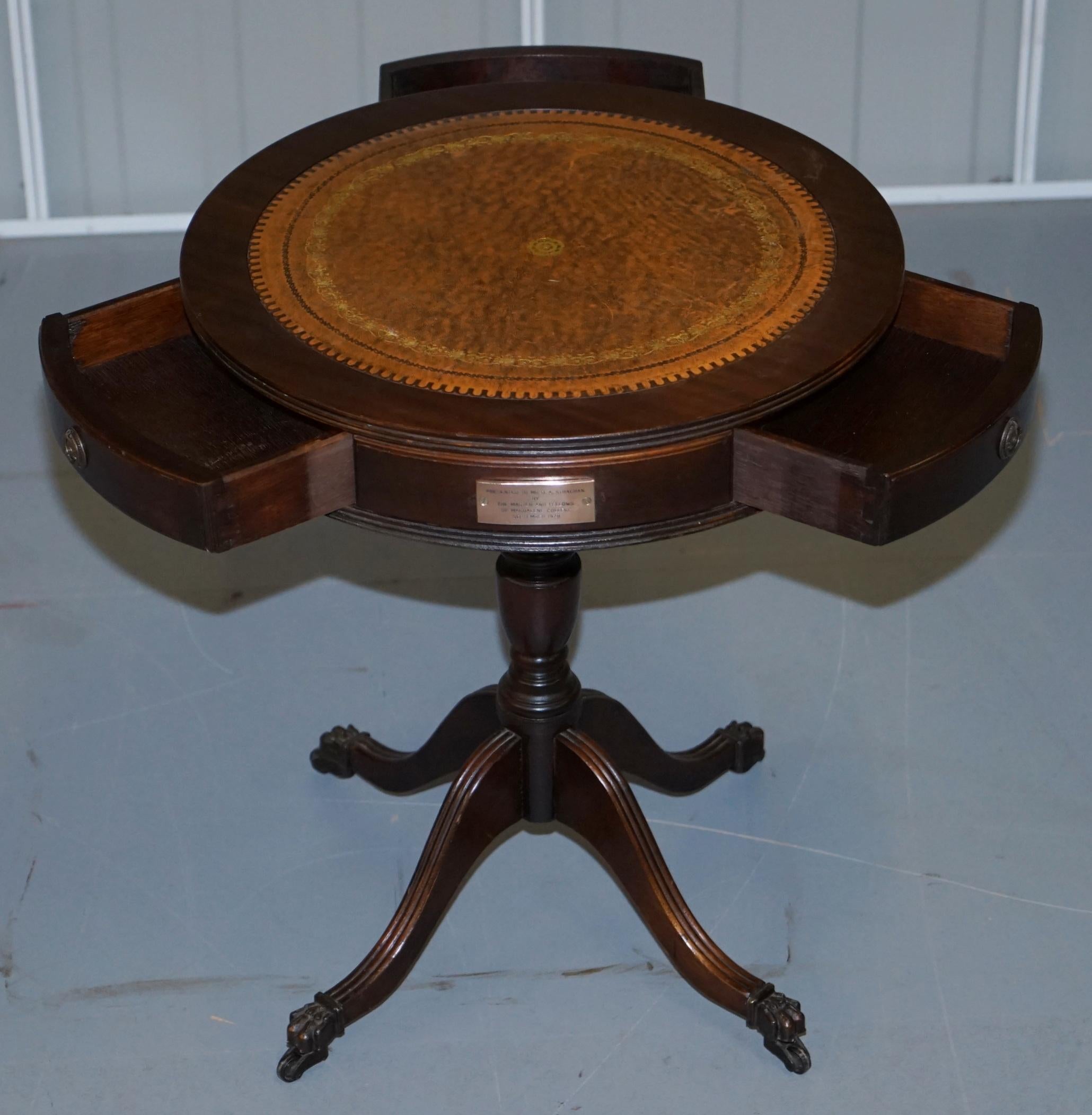 Leather Topped Three-Drawer Regency Style Drum Side End Lamp Table Bronze Plaque 11
