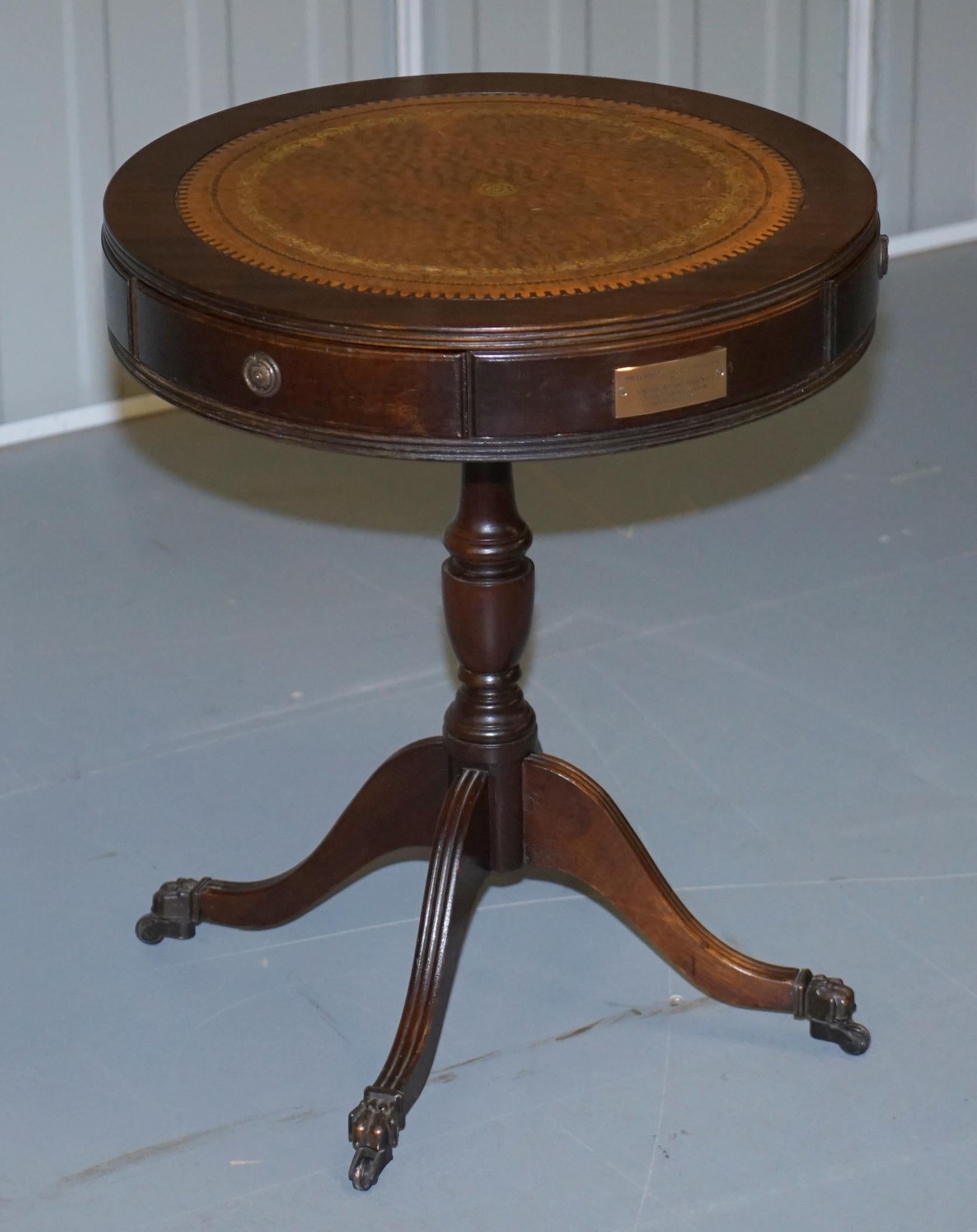 English Leather Topped Three-Drawer Regency Style Drum Side End Lamp Table Bronze Plaque