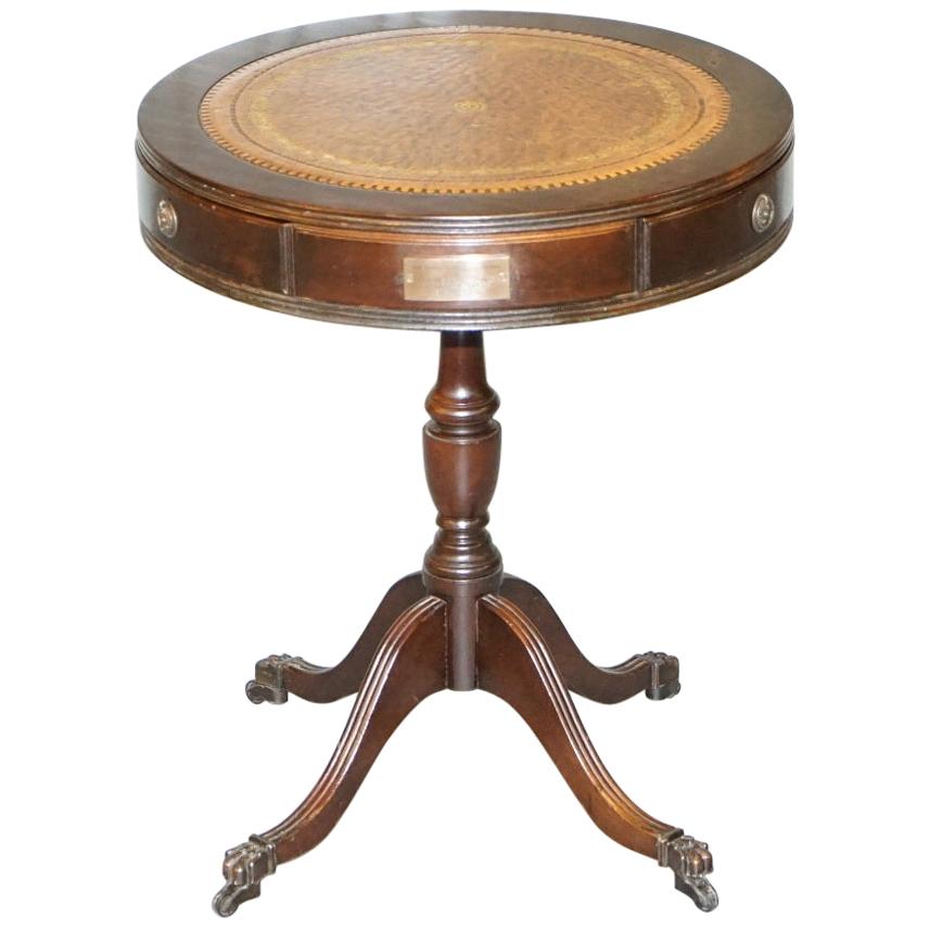 Leather Topped Three-Drawer Regency Style Drum Side End Lamp Table Bronze Plaque
