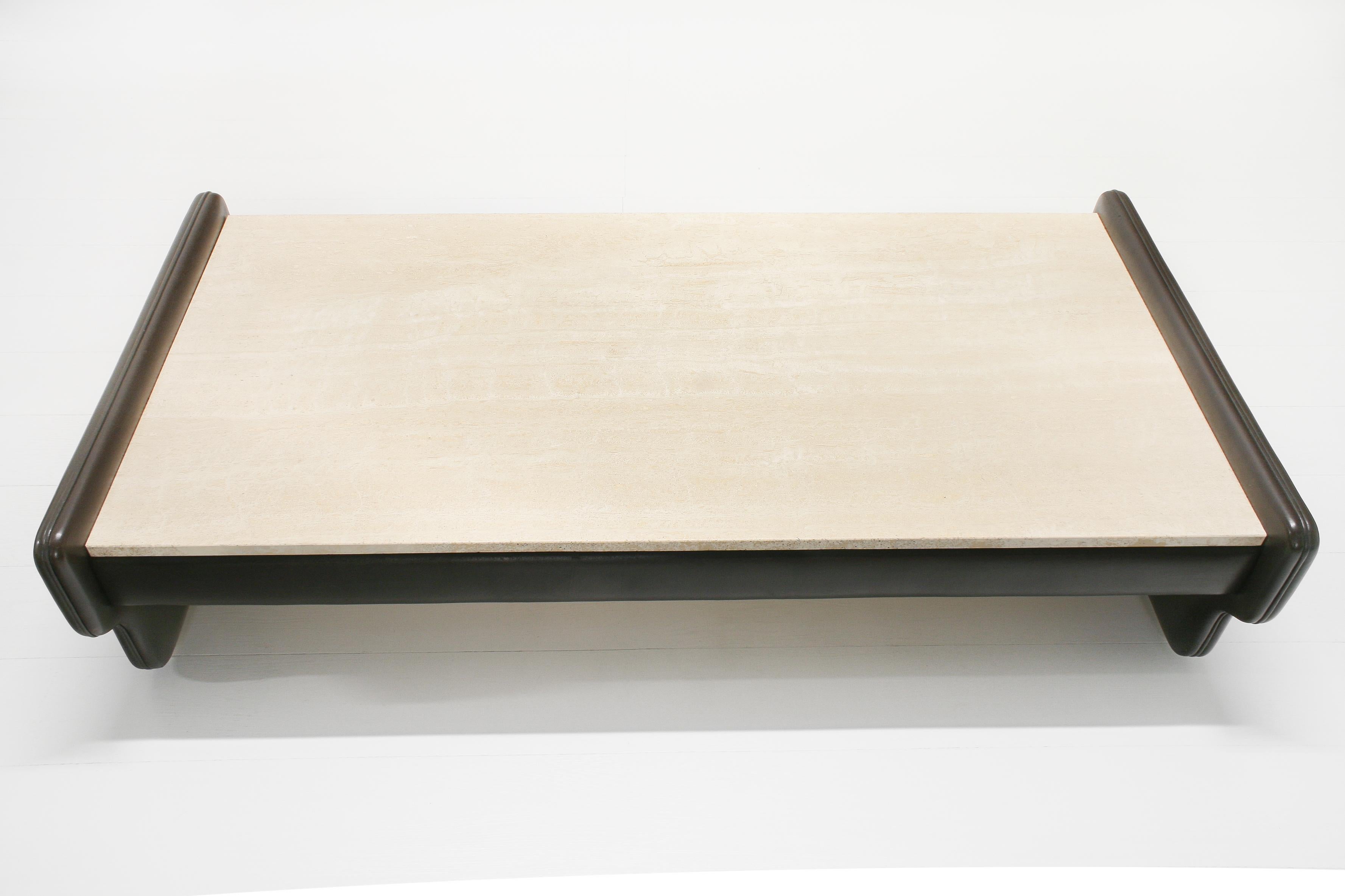 Swiss Leather & Travertine Coffee Table from de Sede, 1970s