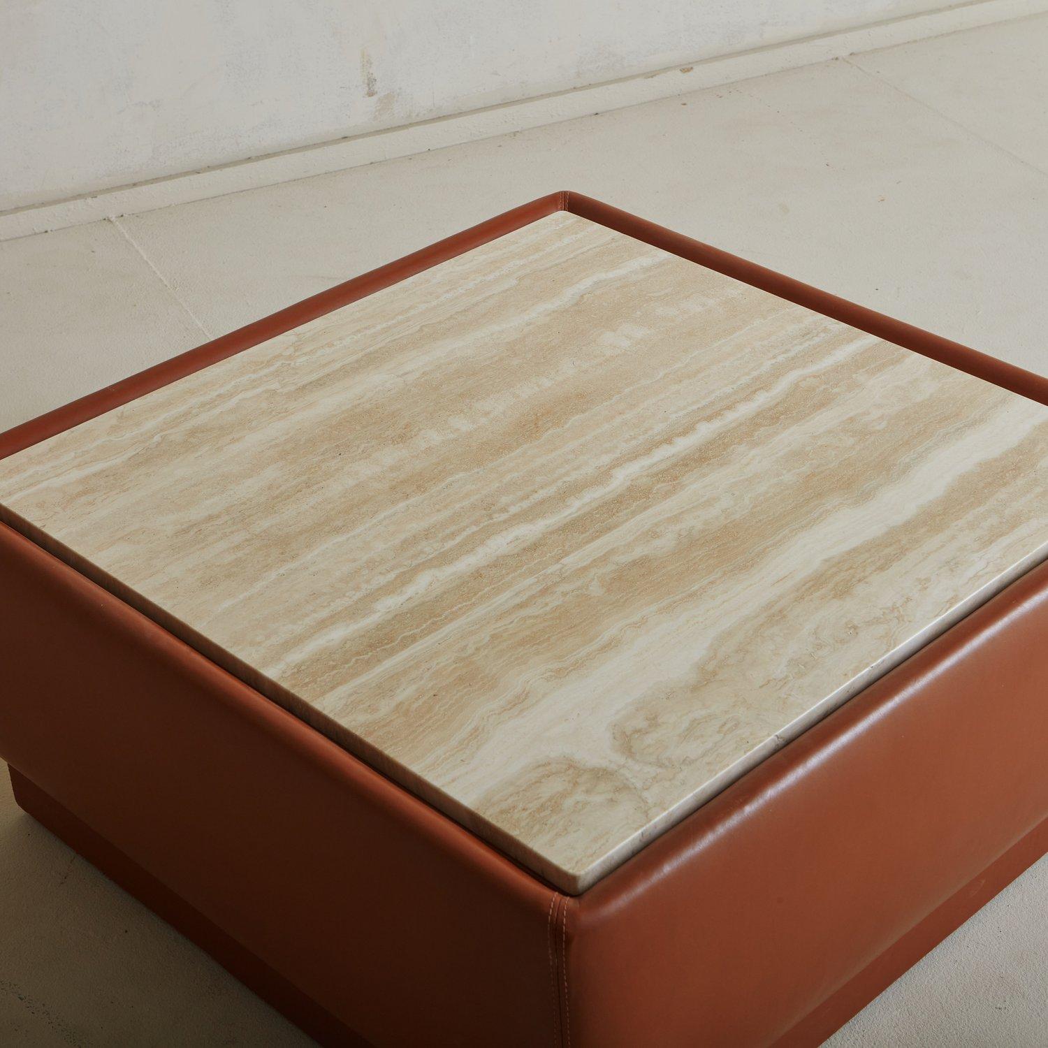 Mid-Century Modern Leather + Travertine Coffee Table in the Style of De Sede, France 20th Century