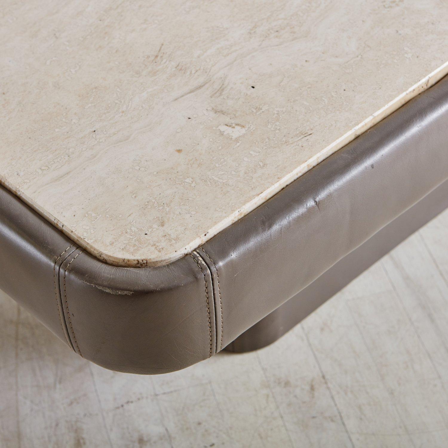 Mid-Century Modern Leather + Travertine Top Coffee Table Attributed to De Sede, Switzerland, 1980s For Sale