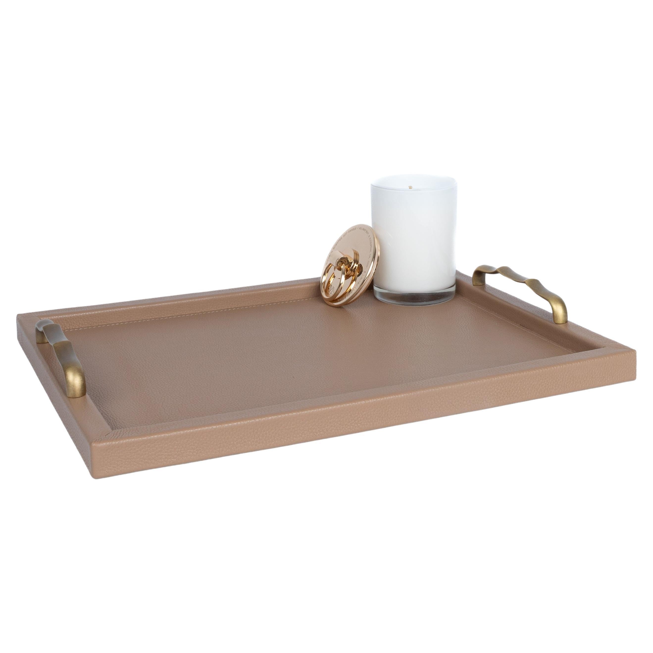 Vassoio in pelle AUREN, Medio, stile Chinoiserie, maniglie in ottone - Colore: Sadletan