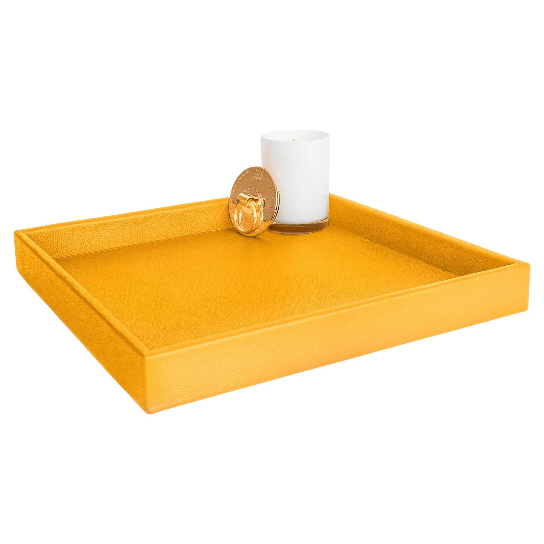 Leather Tray, Large A Square Tray - Handmade in Brazil - Color: Saffron For Sale