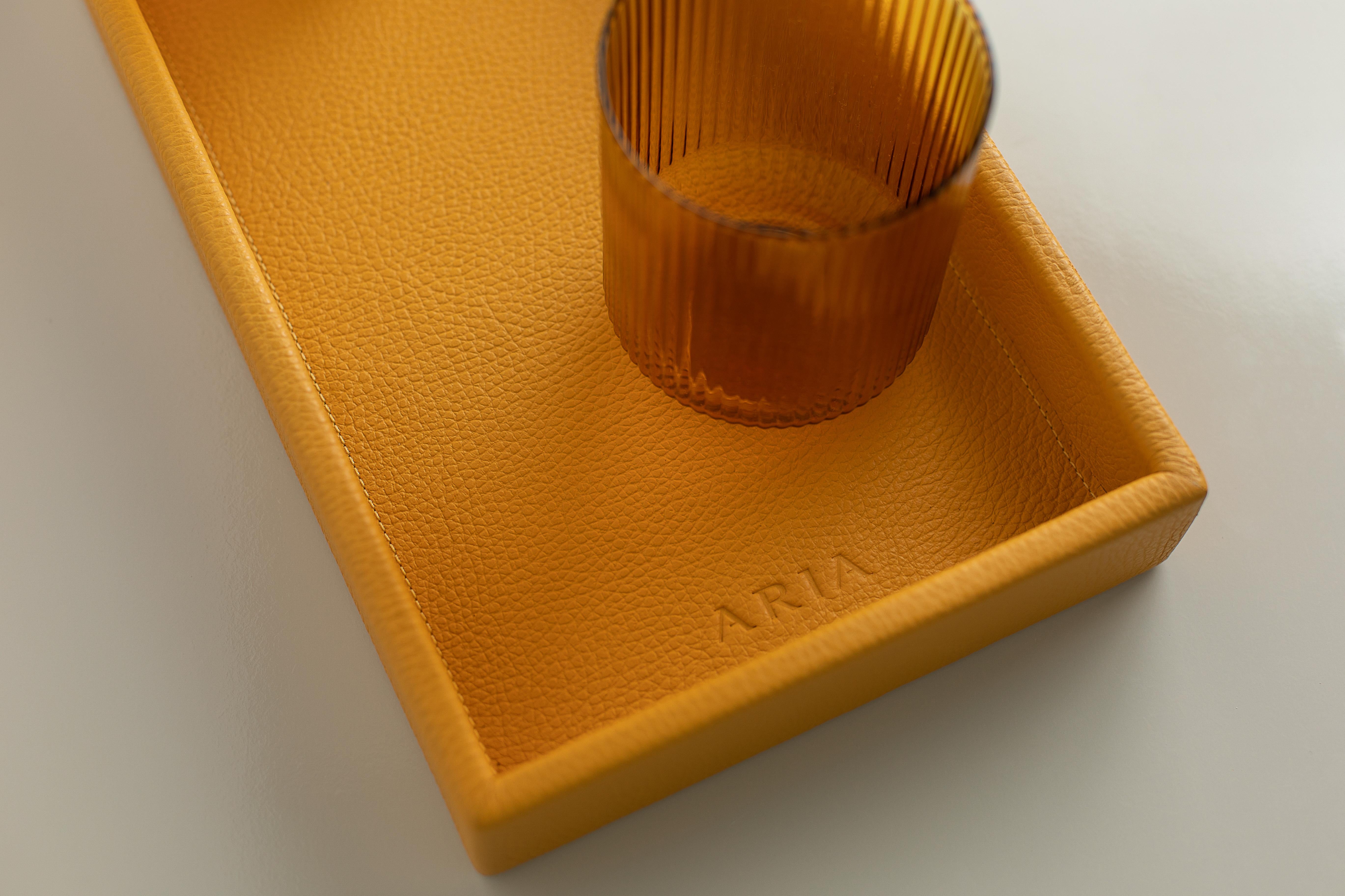 Brazilian Leather Tray, Medium A Rectangular Tray, Handmade - Color: Saffron For Sale
