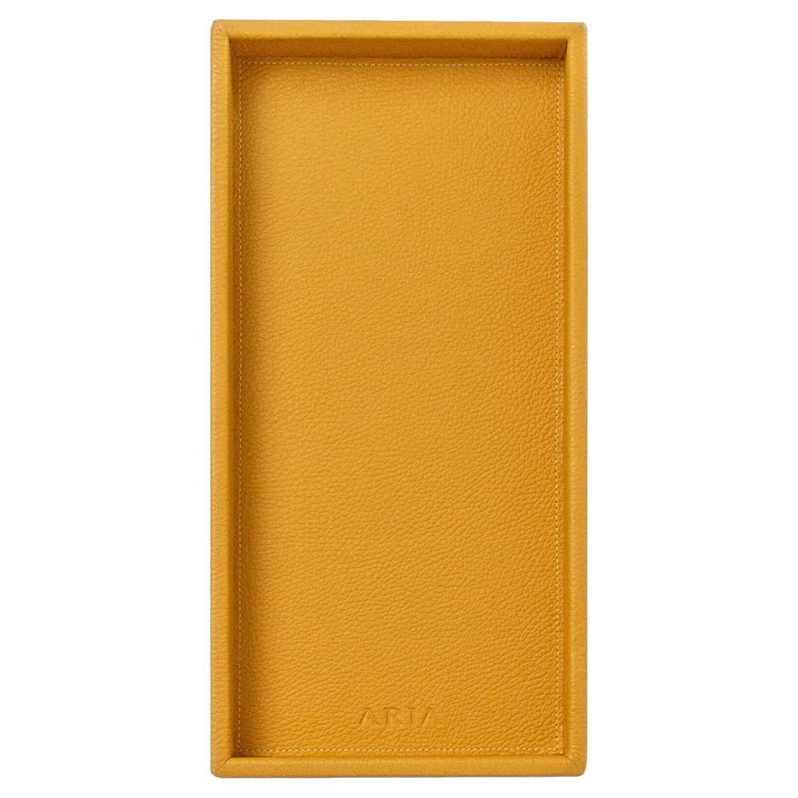 Modern Leather Tray, Medium A Rectangular Tray, Handmade - Color: Saffron For Sale