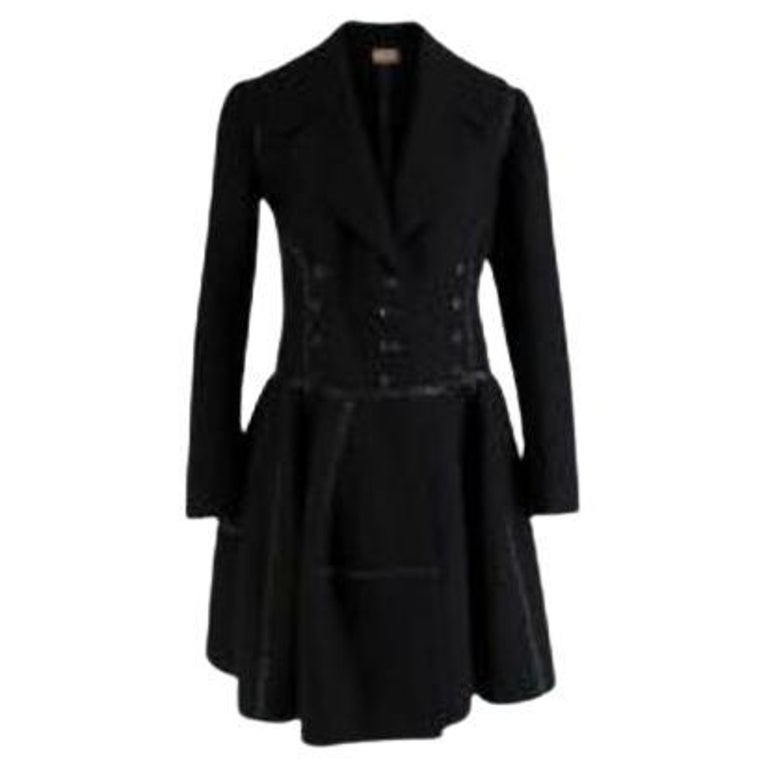 Leather Trimmed Black Wool Coat For Sale at 1stDibs