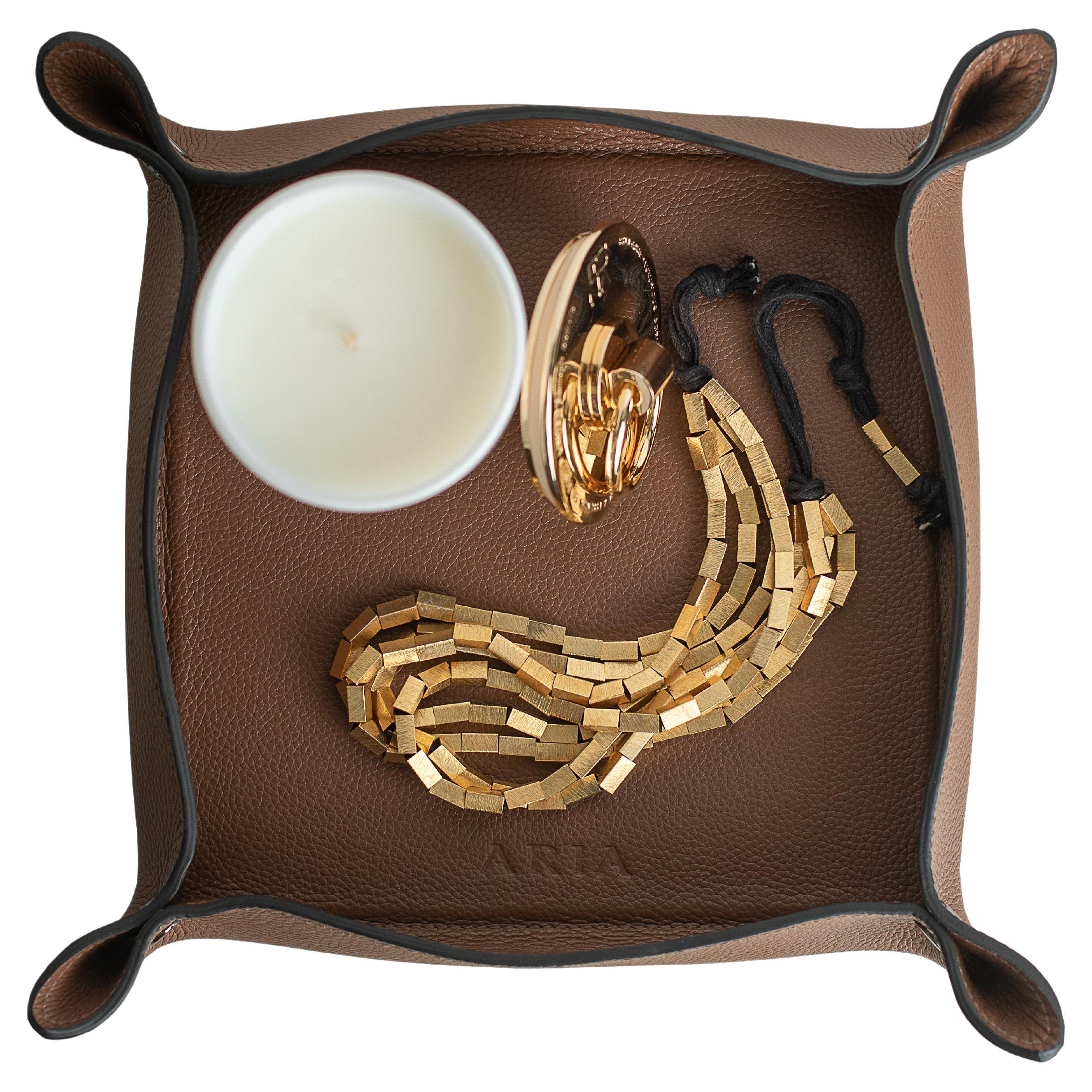 Leather Trinket Tray - Medium Square Object Holder - Handmade - Color: Caramel For Sale
