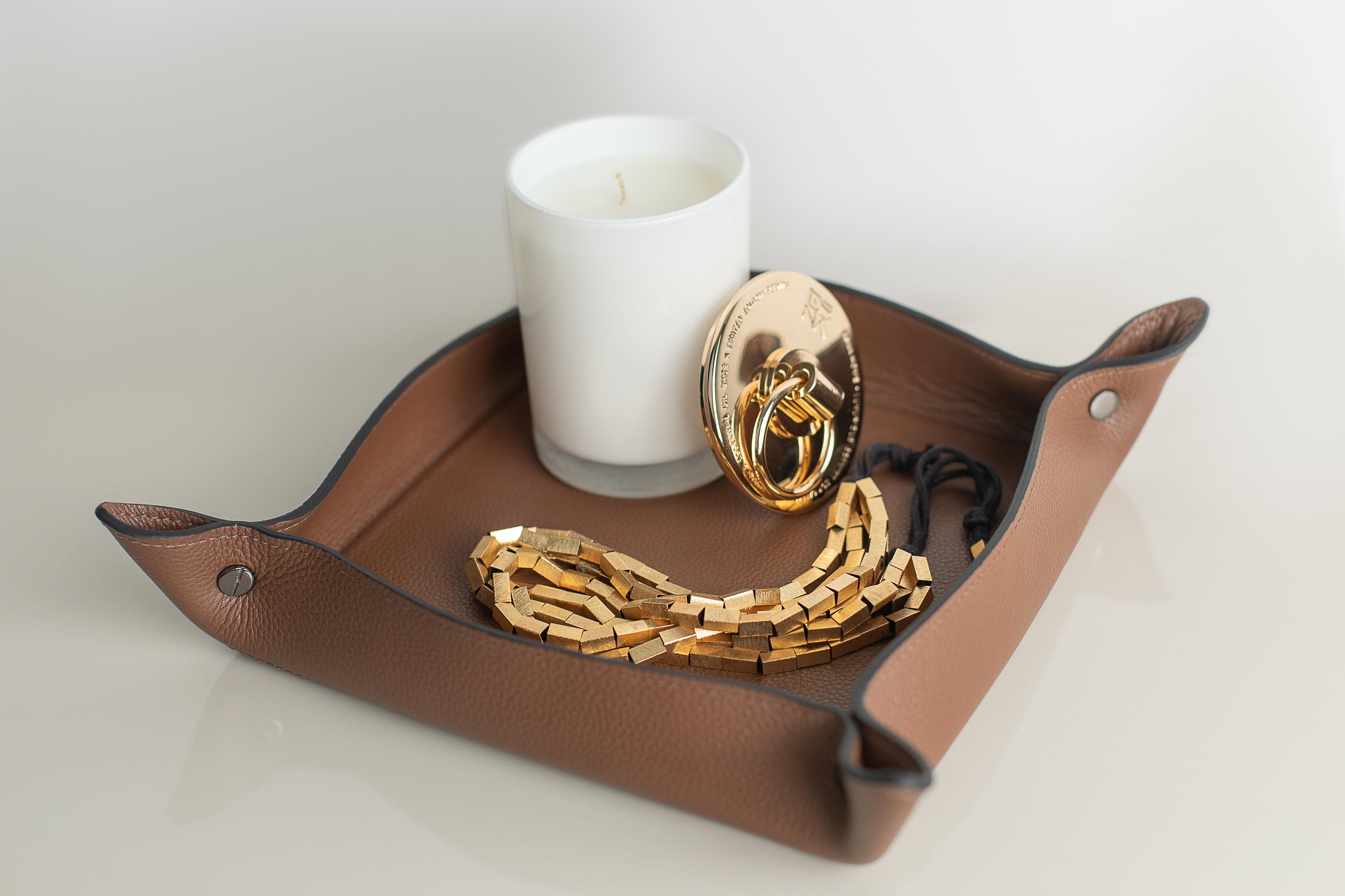 Modern Leather Trinket Tray - Medium Square Object Holder - Handmade - Color: Caramel For Sale