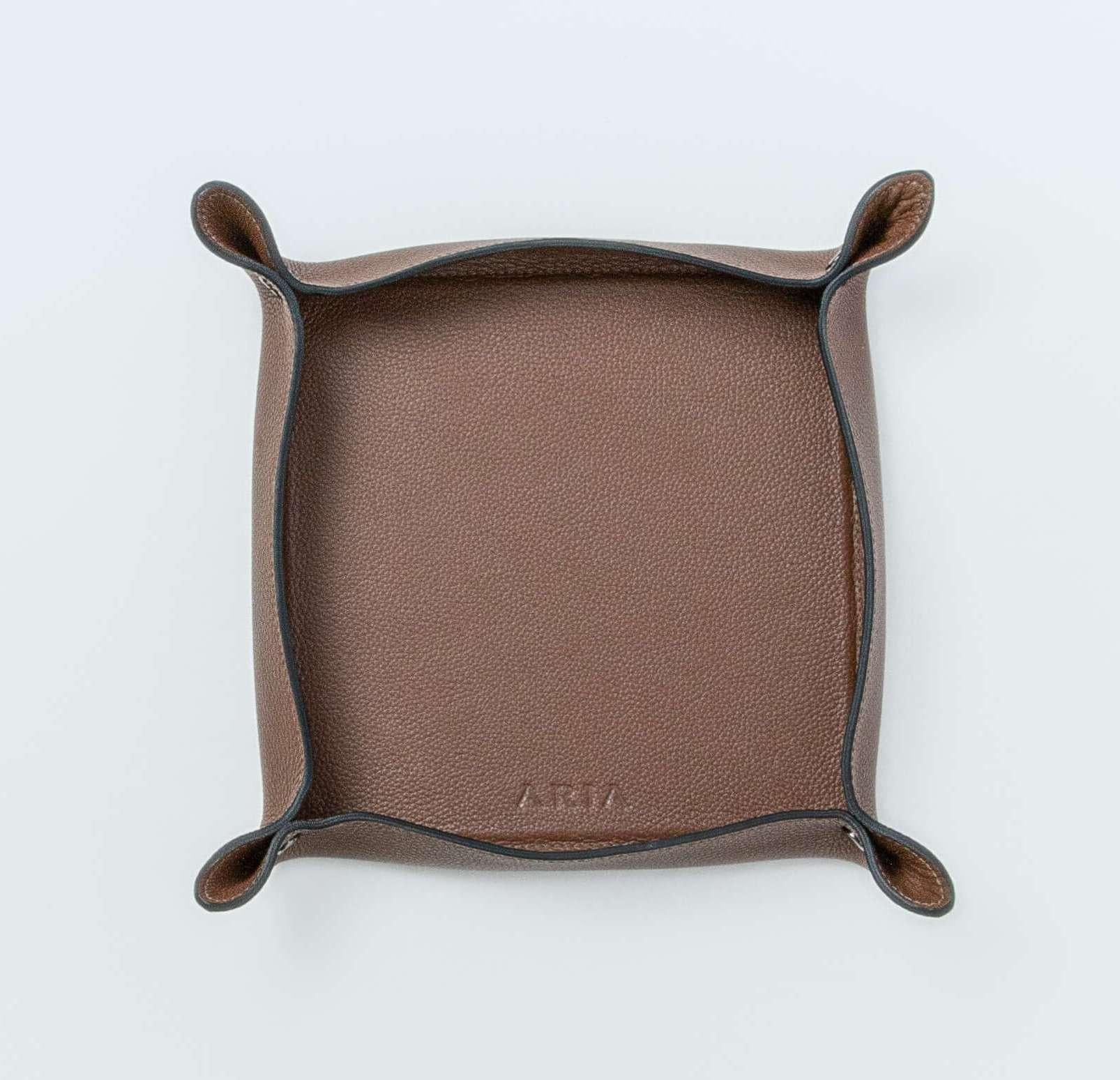 Brazilian Leather Trinket Tray - Medium Square Object Holder - Handmade - Color: Caramel For Sale
