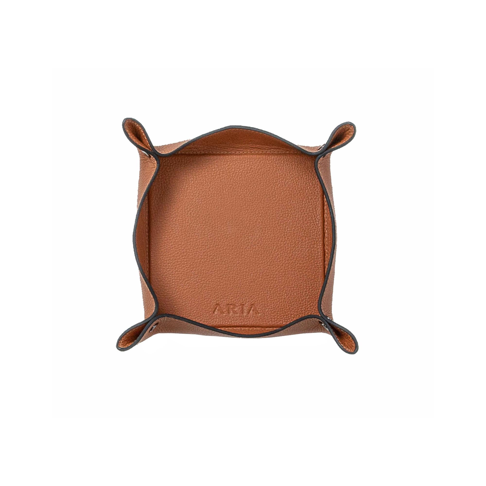 Modern Leather Trinket Tray - Small Square Object Holder - Handmade - Color: Savannah For Sale