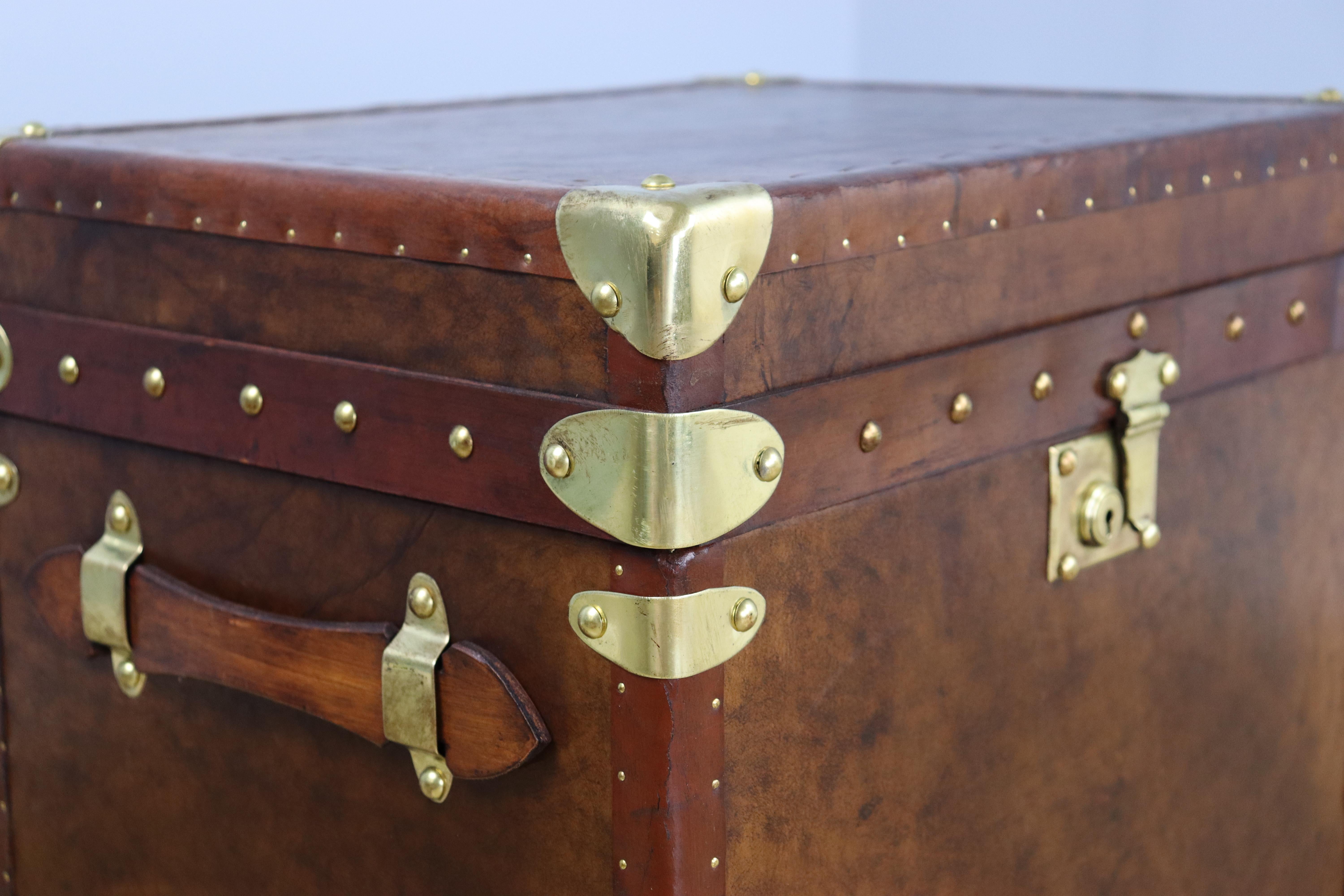 Contemporary Leather Trunk, Newly Made with Vintage Leather Trim, Brass Corners and Locks For Sale