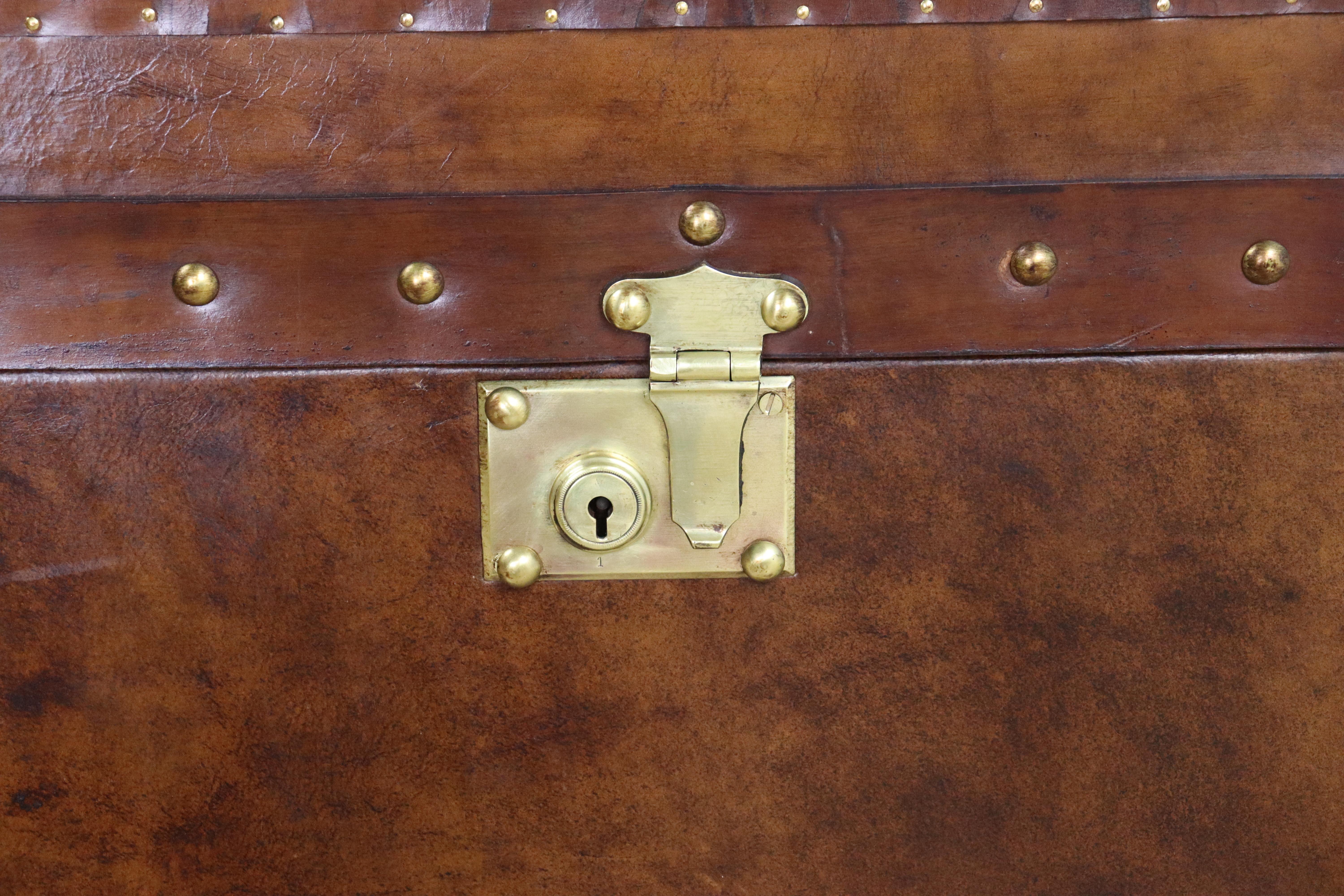 Leather Trunk, Newly Made with Vintage Leather Trim, Brass Corners and Locks For Sale 2