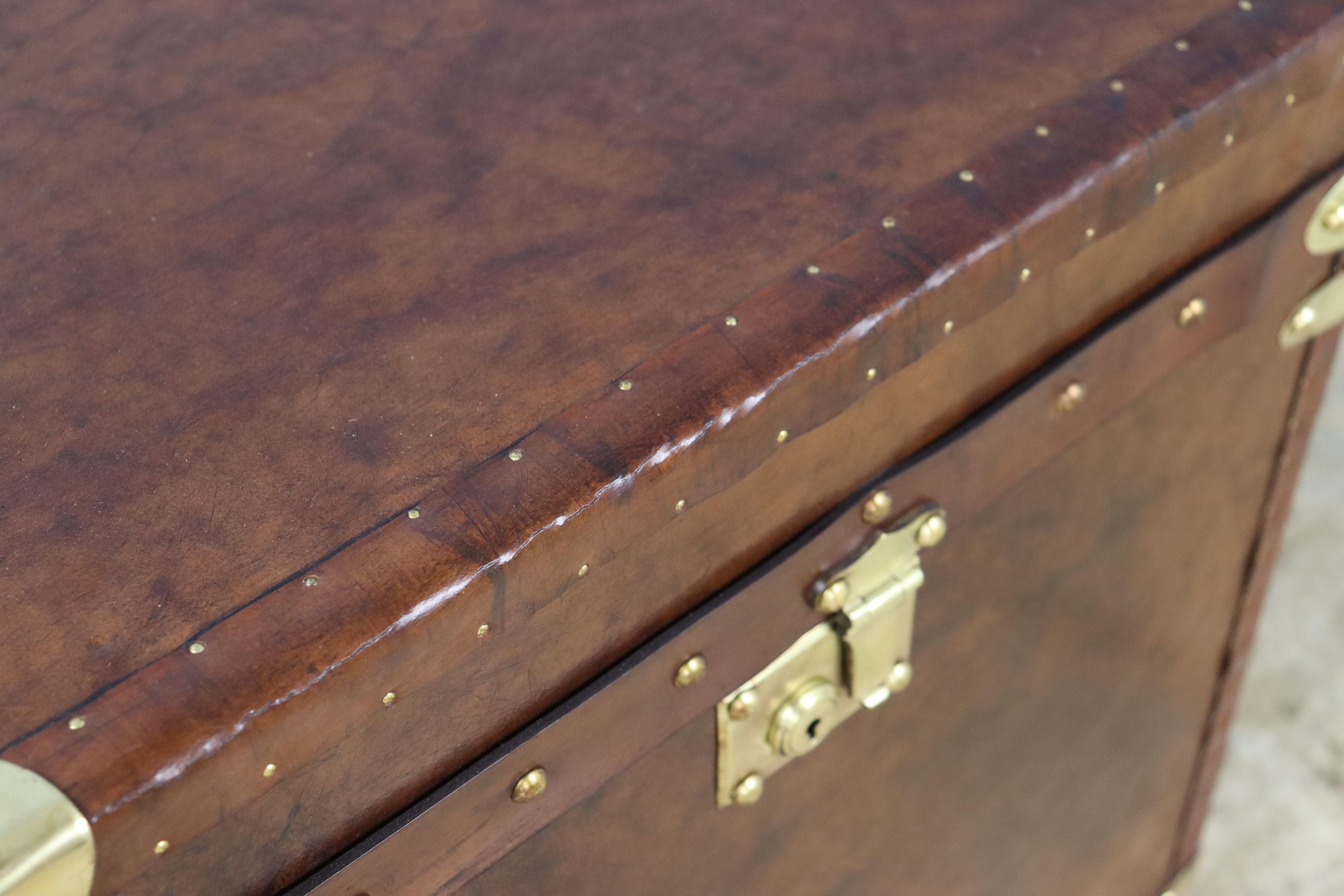 Leather Trunk, Newly Made with Vintage Leather Trim, Brass Corners and Locks For Sale 3