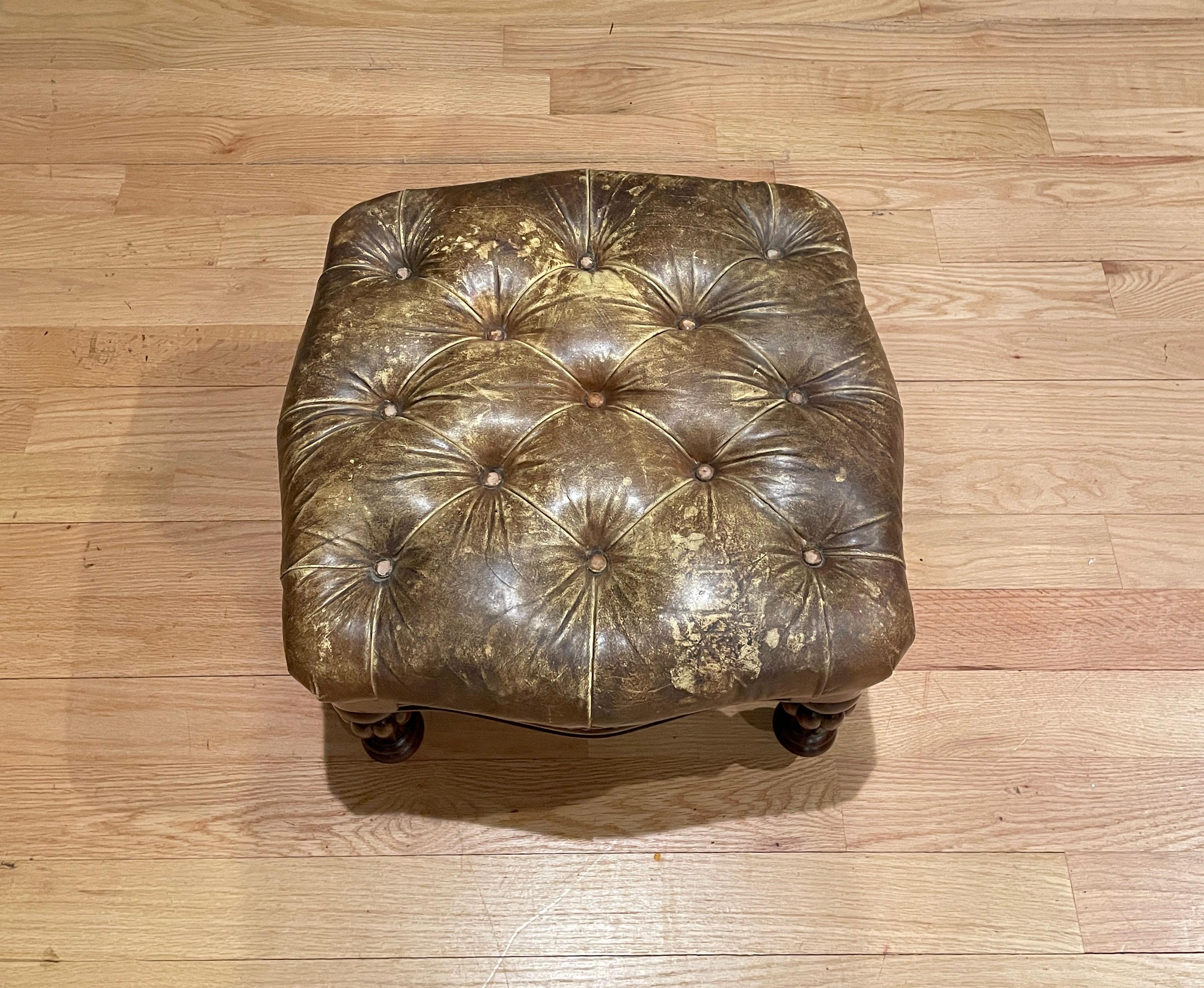 English Leather Tufted Footstool For Sale