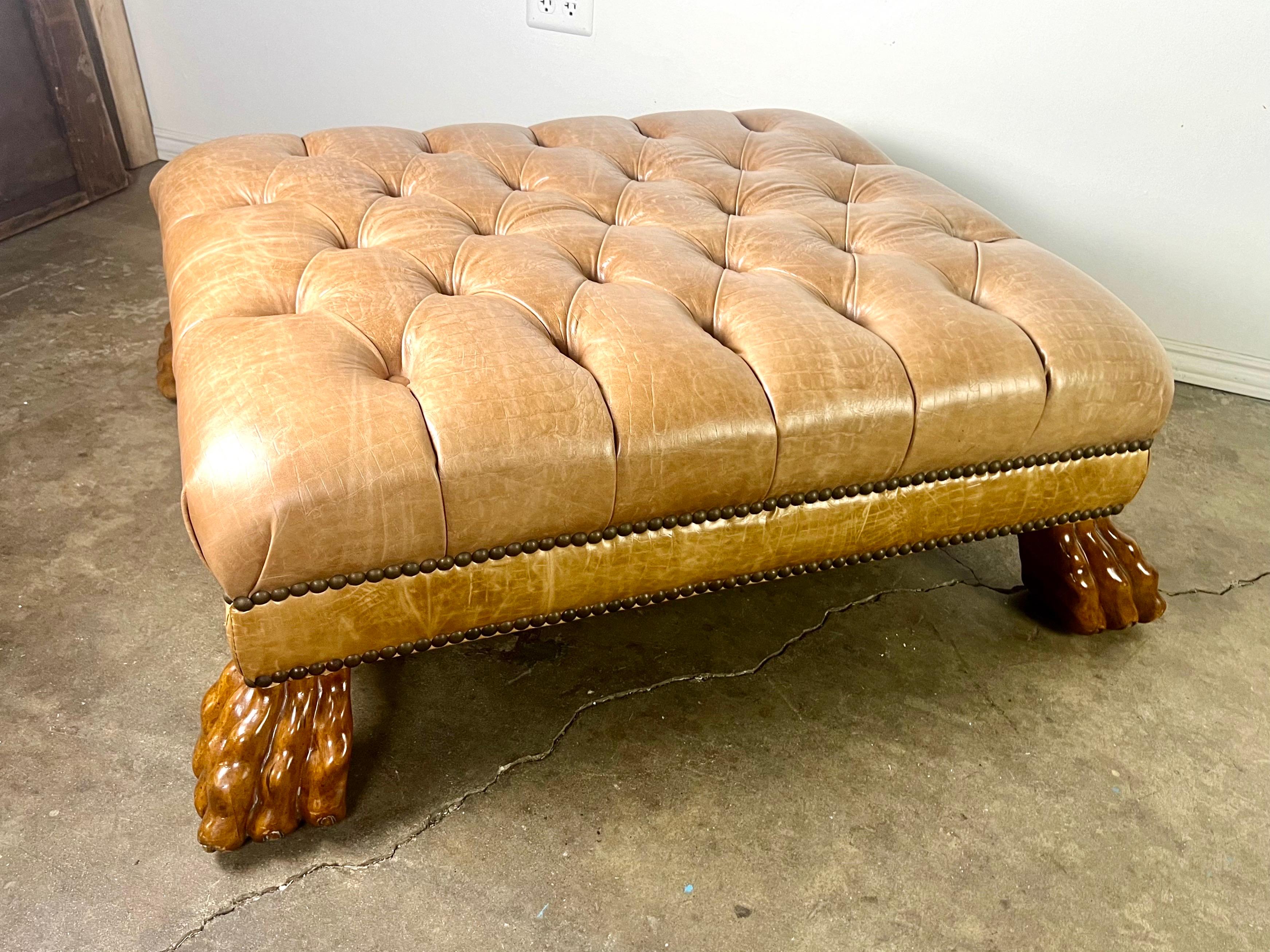 Regency Leather Tufted Upholstered Ottoman  w/ Carved Lion Feet For Sale