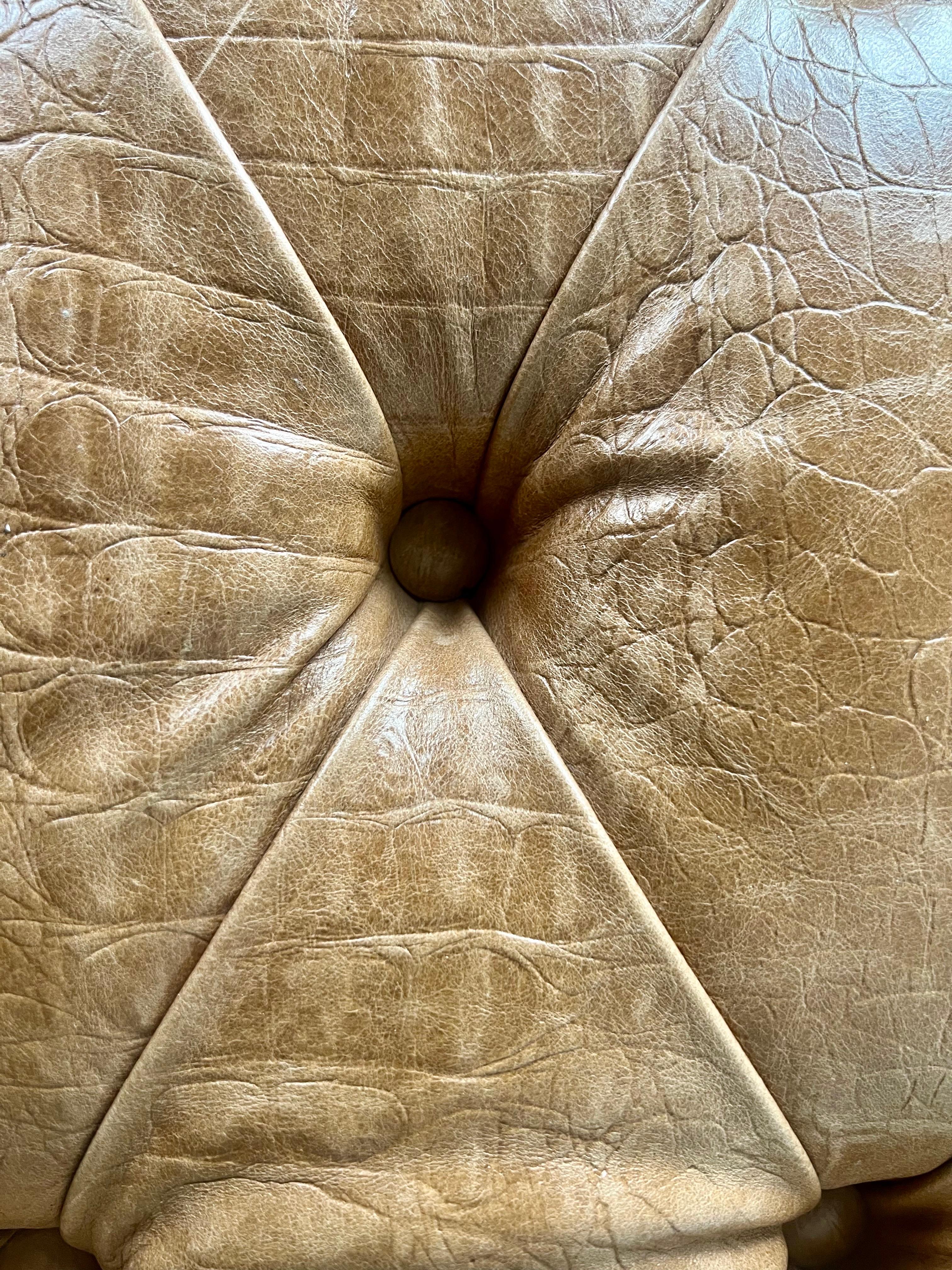 English Leather Tufted Upholstered Ottoman  w/ Carved Lion Feet For Sale