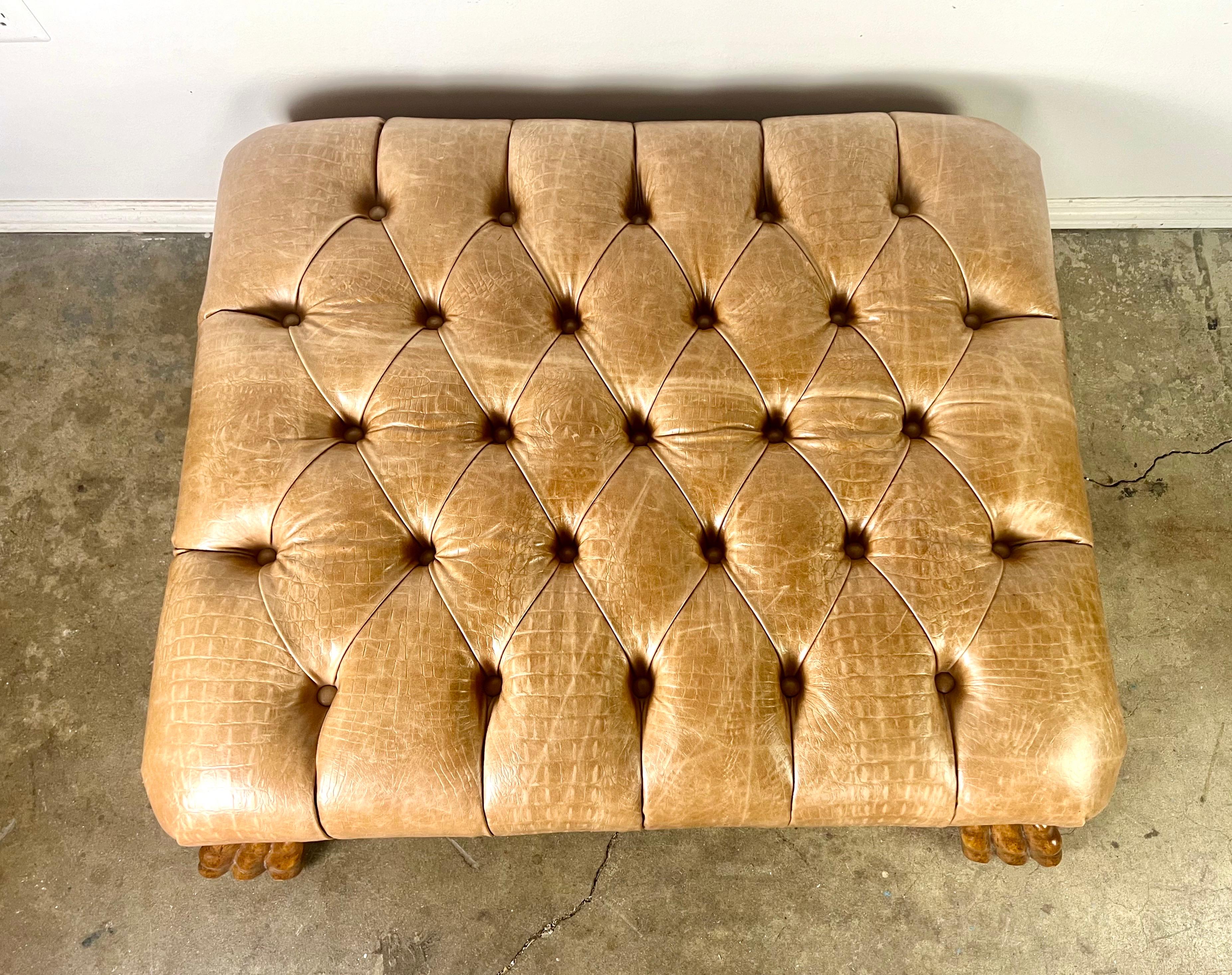Leather Tufted Upholstered Ottoman  w/ Carved Lion Feet In Good Condition For Sale In Los Angeles, CA