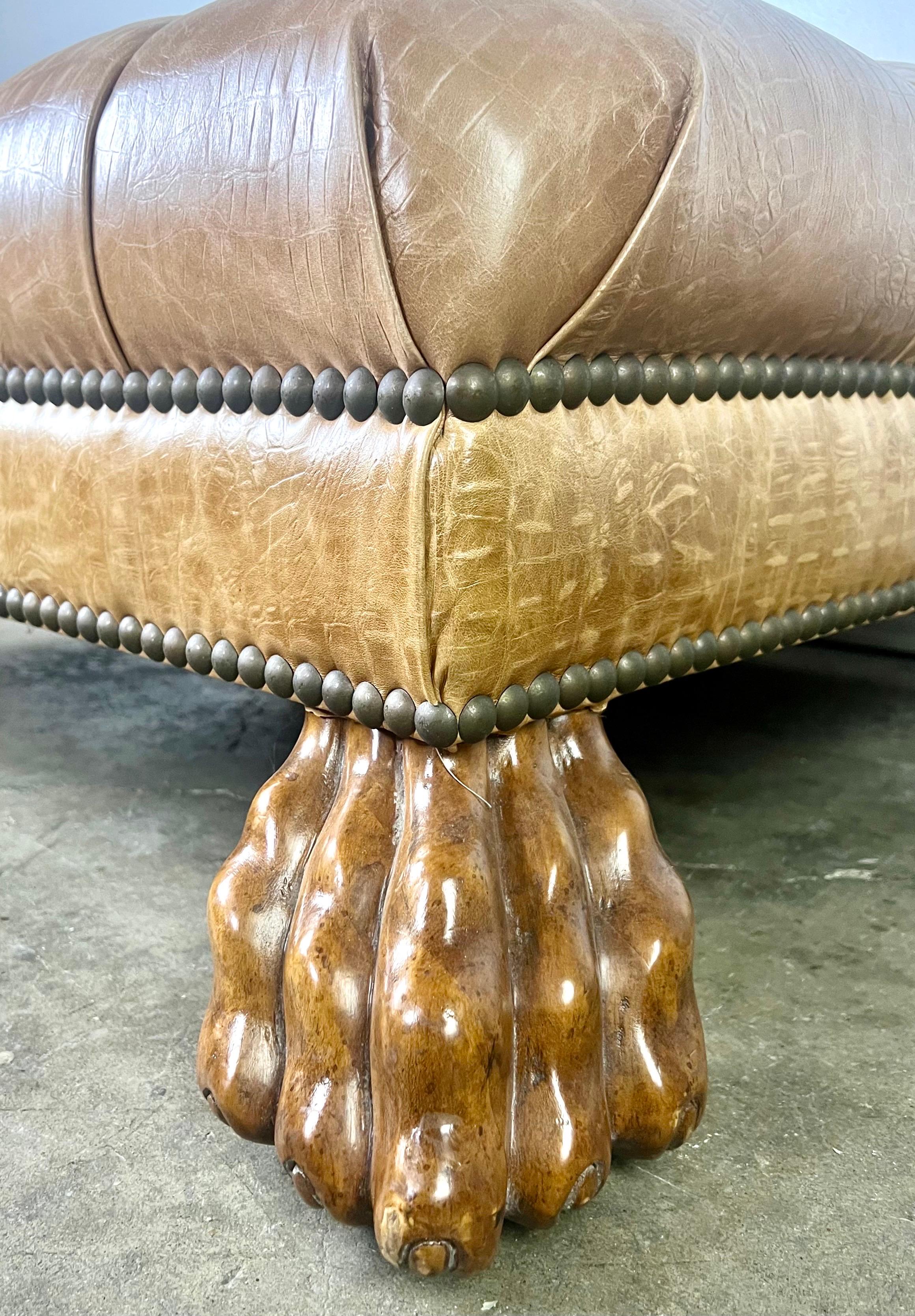Late 20th Century Leather Tufted Upholstered Ottoman  w/ Carved Lion Feet For Sale
