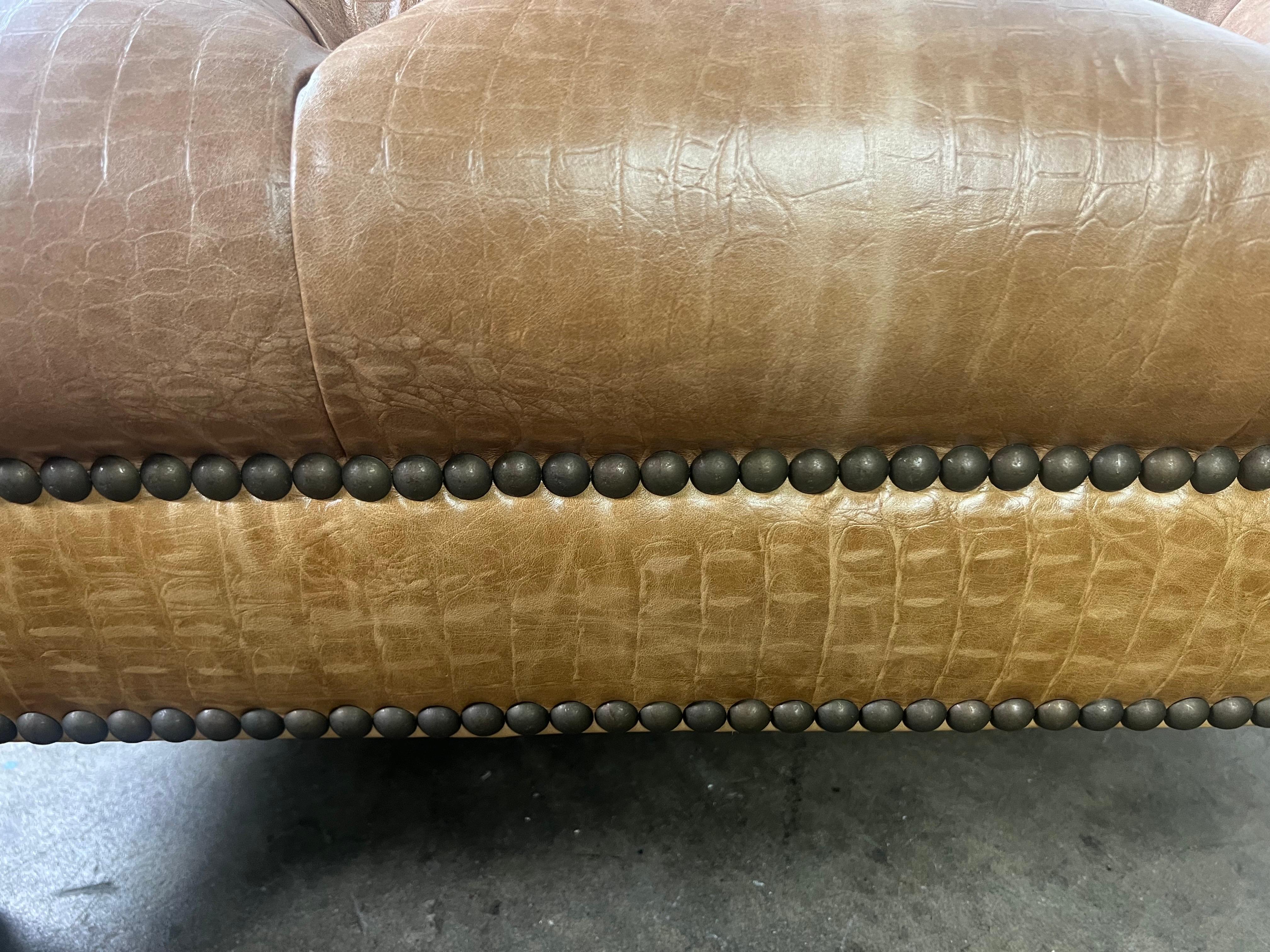 Leather Tufted Upholstered Ottoman  w/ Carved Lion Feet For Sale 1