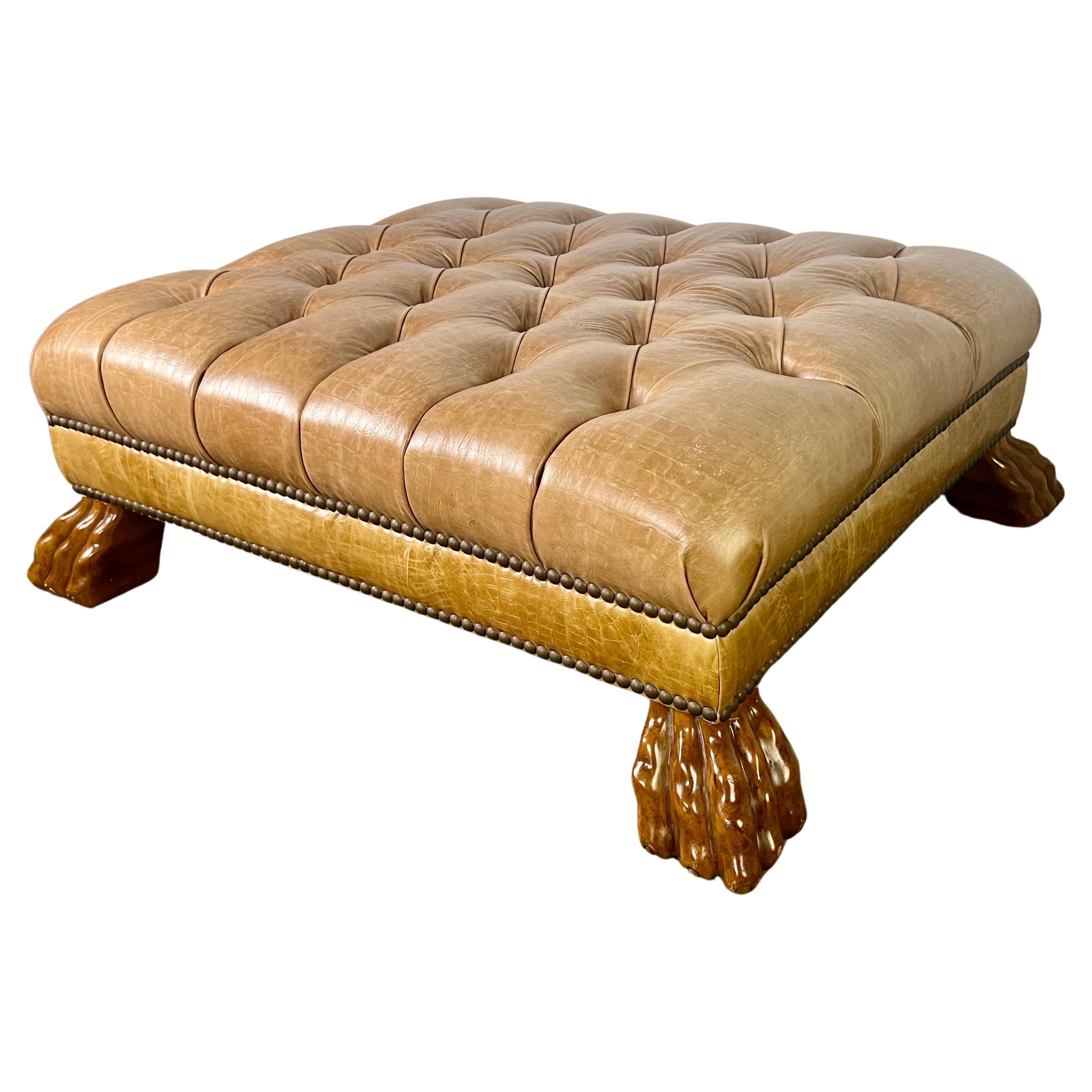Leather Tufted Upholstered Ottoman  w/ Carved Lion Feet For Sale