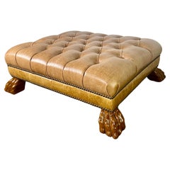 Retro Leather Tufted Upholstered Ottoman  w/ Carved Lion Feet