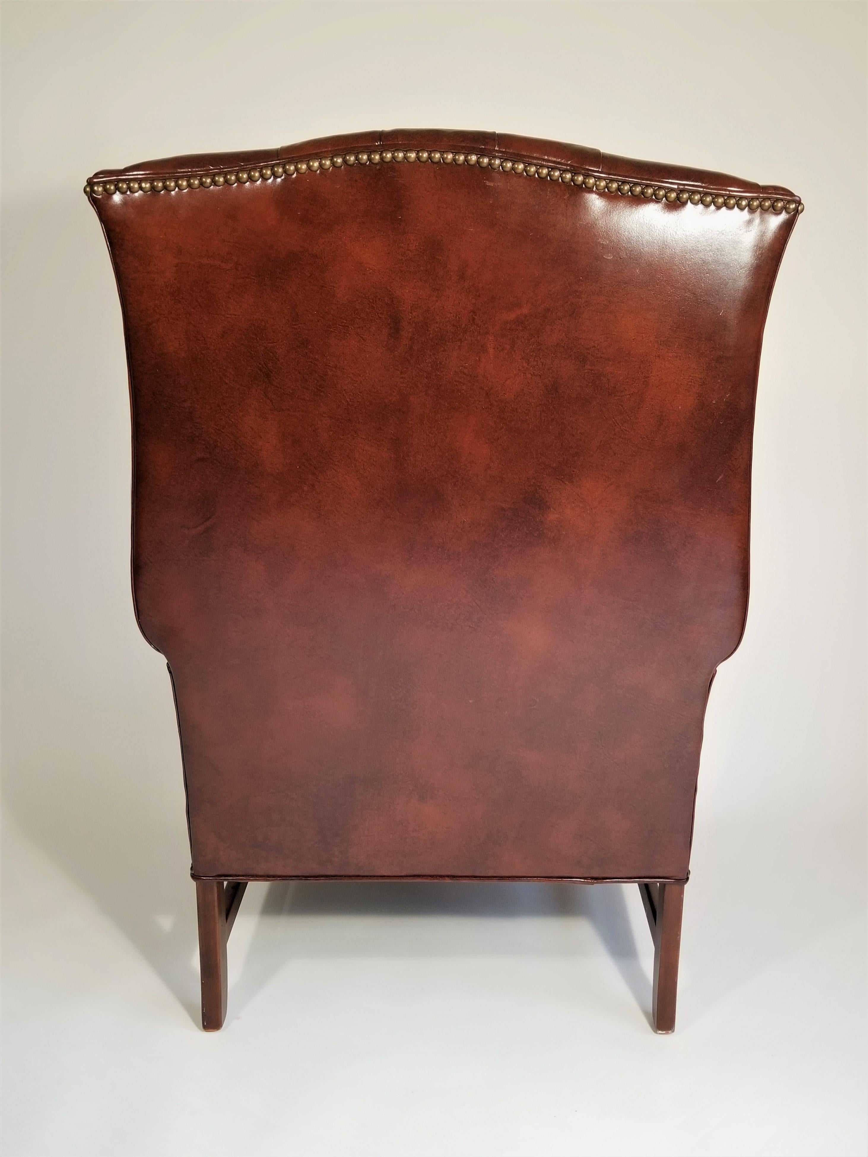 Brown Leather Tufted Wingback Chair with Ottoman Midcentury 1960s Ethan Allen 3