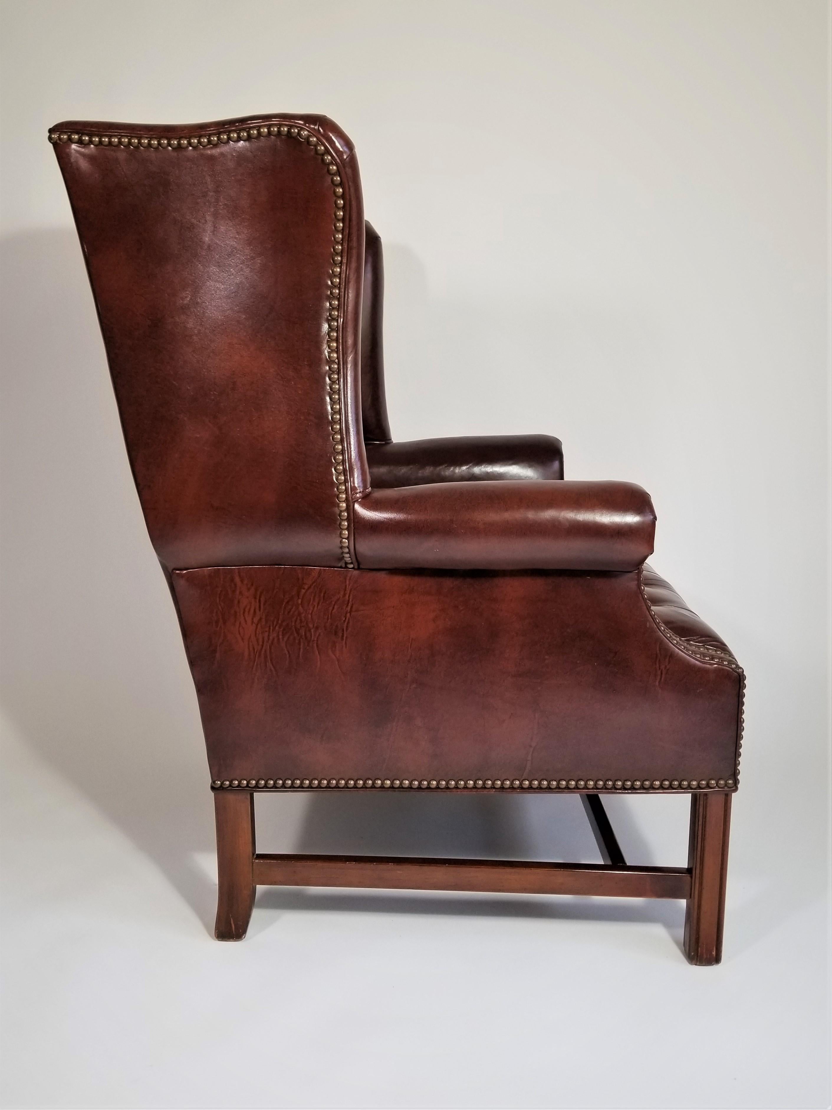 Brown Leather Tufted Wingback Chair with Ottoman Midcentury 1960s Ethan Allen 4