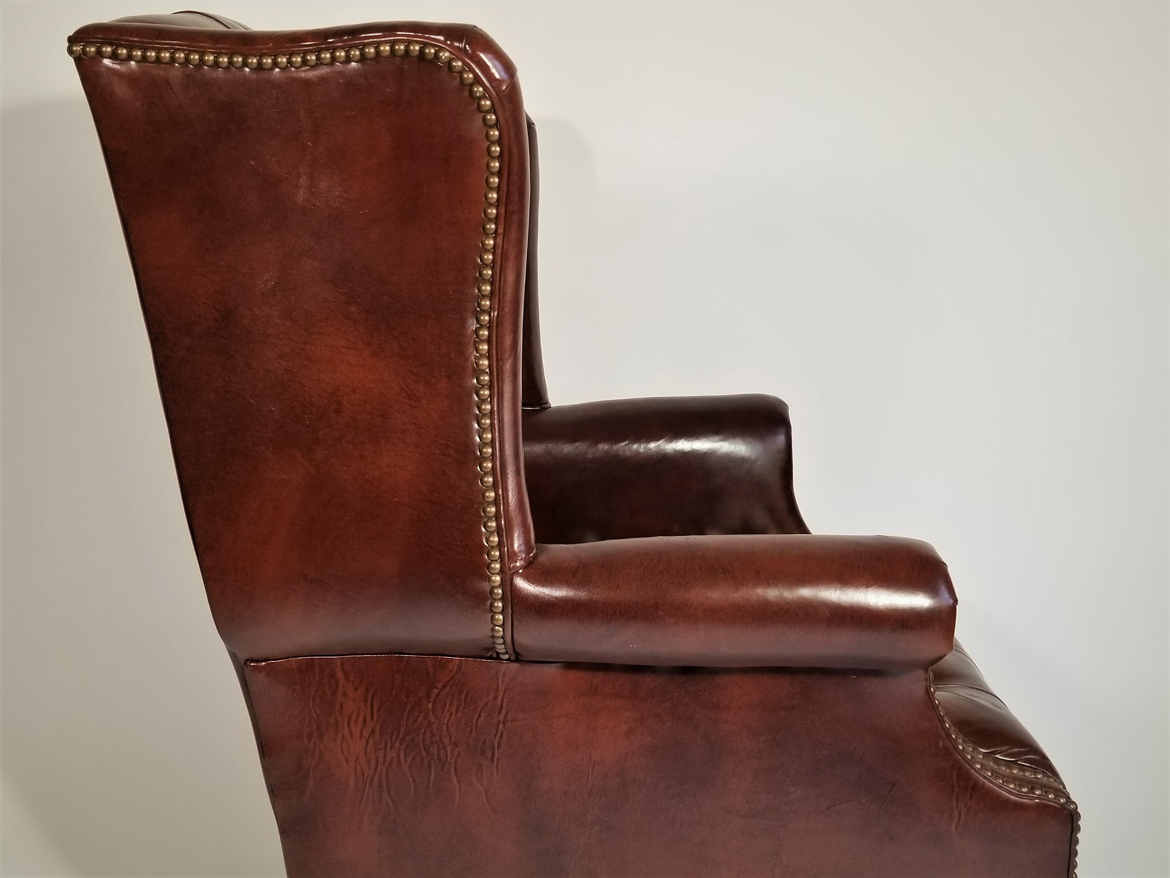 Brown Leather Tufted Wingback Chair with Ottoman Midcentury 1960s Ethan Allen 5