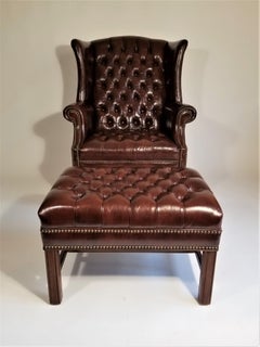 Brown Leather Tufted Wingback Chair with Ottoman Midcentury 1960s Ethan Allen