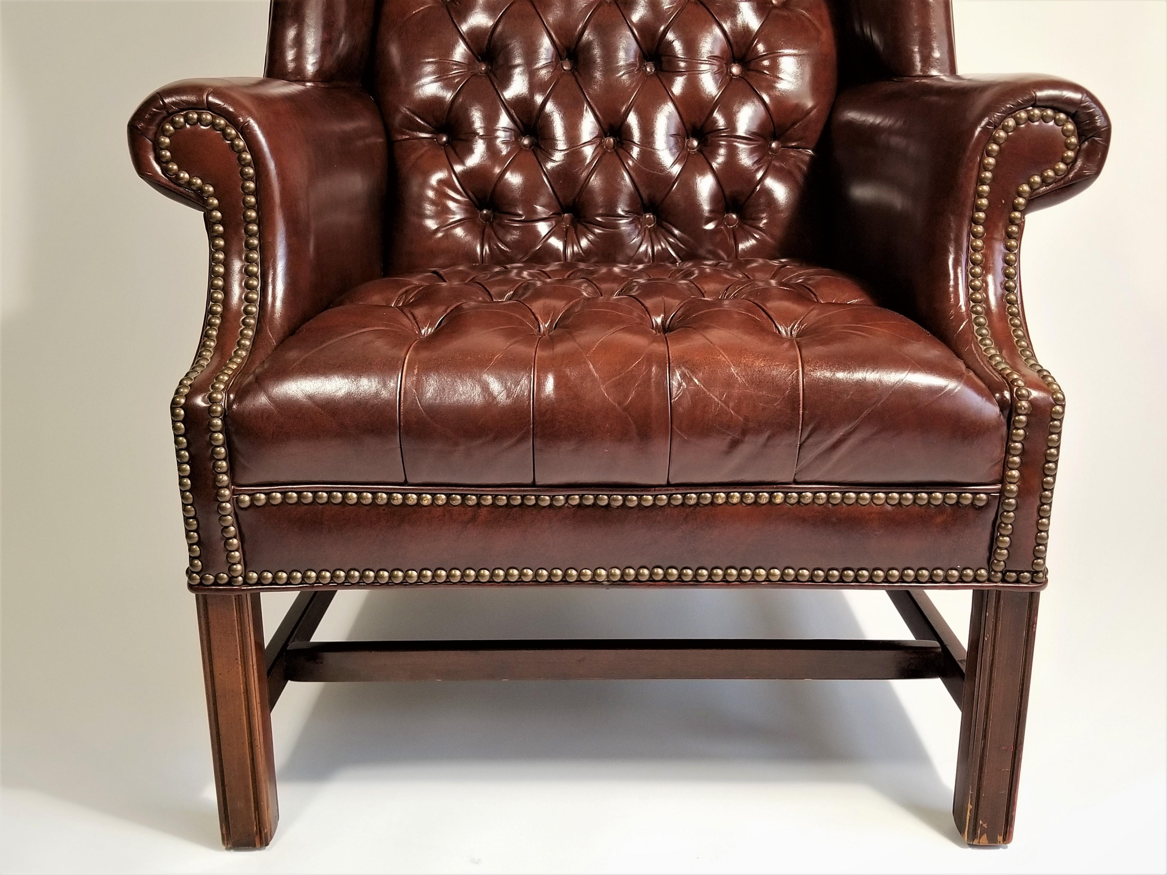 Brown Leather Tufted Wingback Chair with Ottoman Midcentury 1960s Ethan Allen In Good Condition In New York, NY