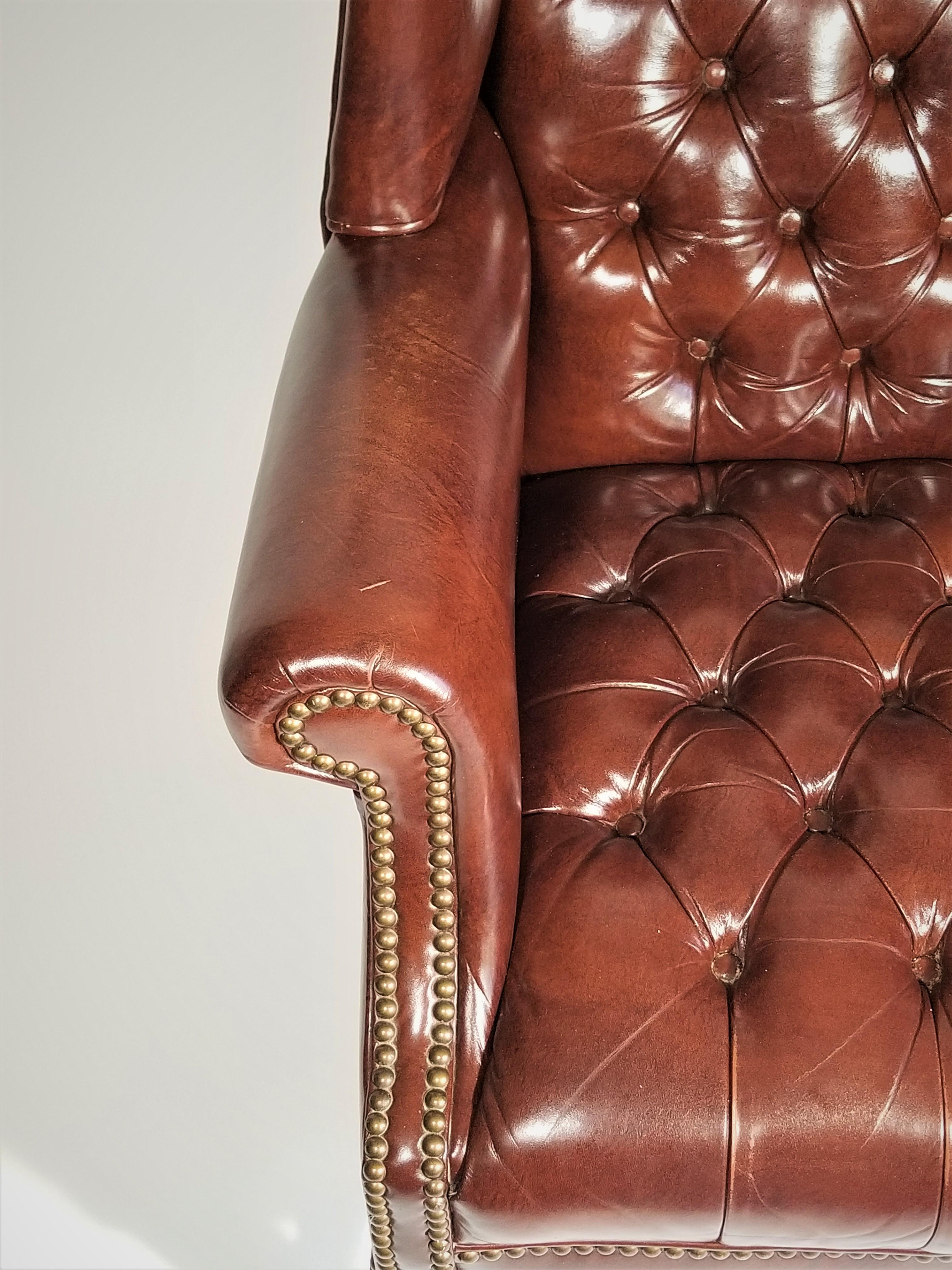 20th Century Brown Leather Tufted Wingback Chair with Ottoman Midcentury 1960s Ethan Allen