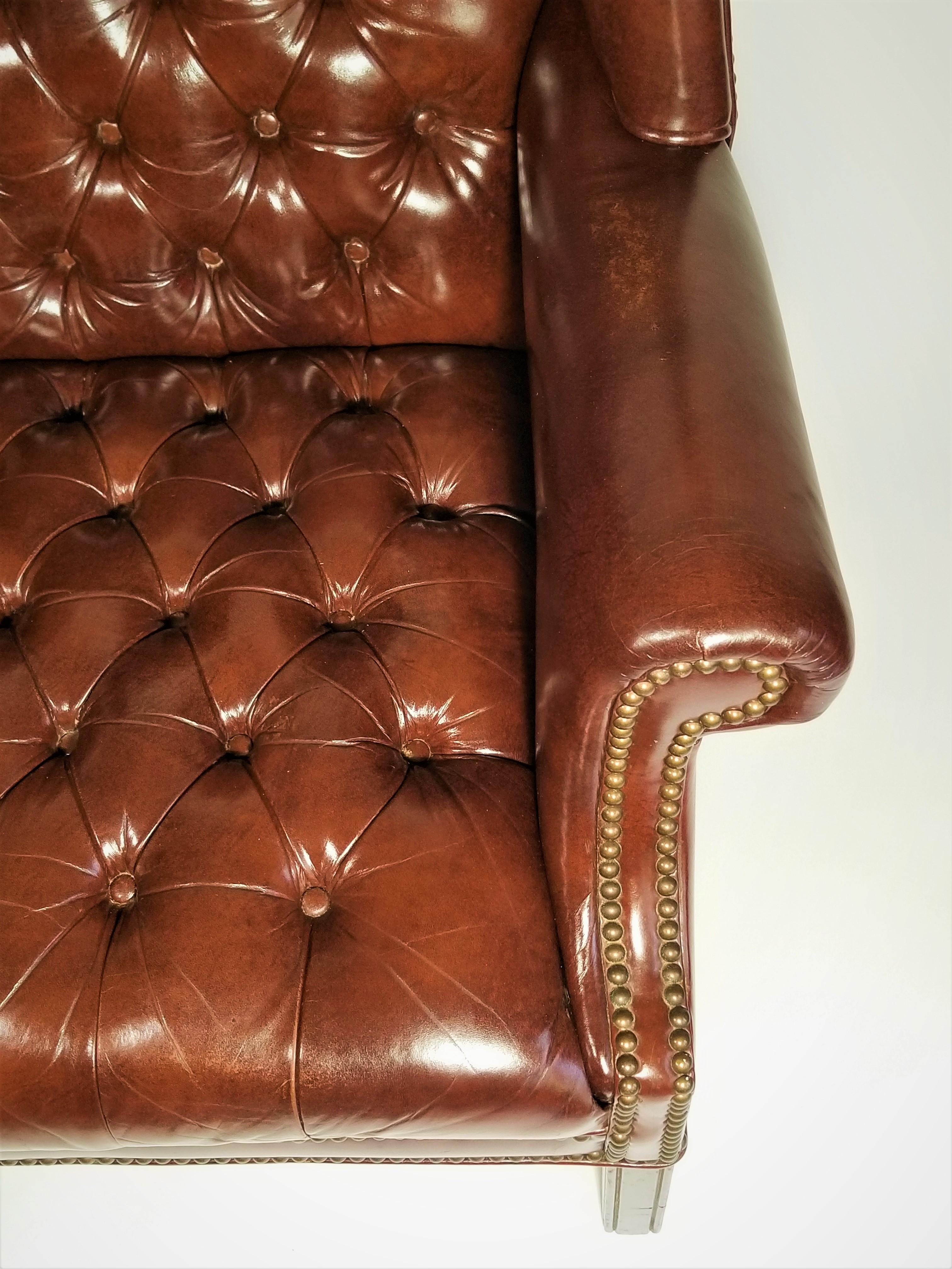 Brown Leather Tufted Wingback Chair with Ottoman Midcentury 1960s Ethan Allen 1