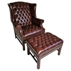 Retro Brown Leather Tufted Wingback Chair with Ottoman Midcentury 1960s Ethan Allen