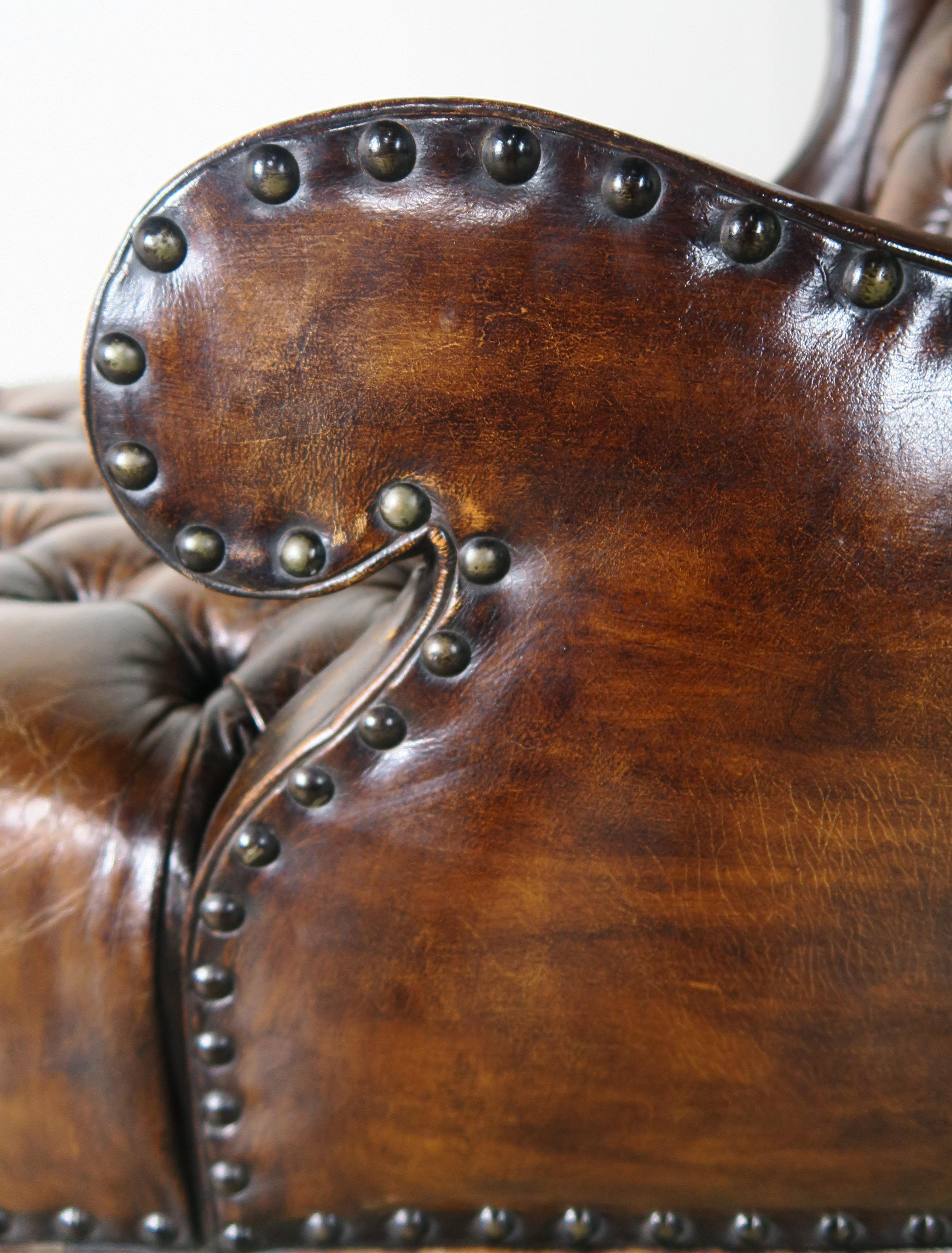 Chesterfield Leather Tufted Wingback Chaise with Nailhead Trim Detail