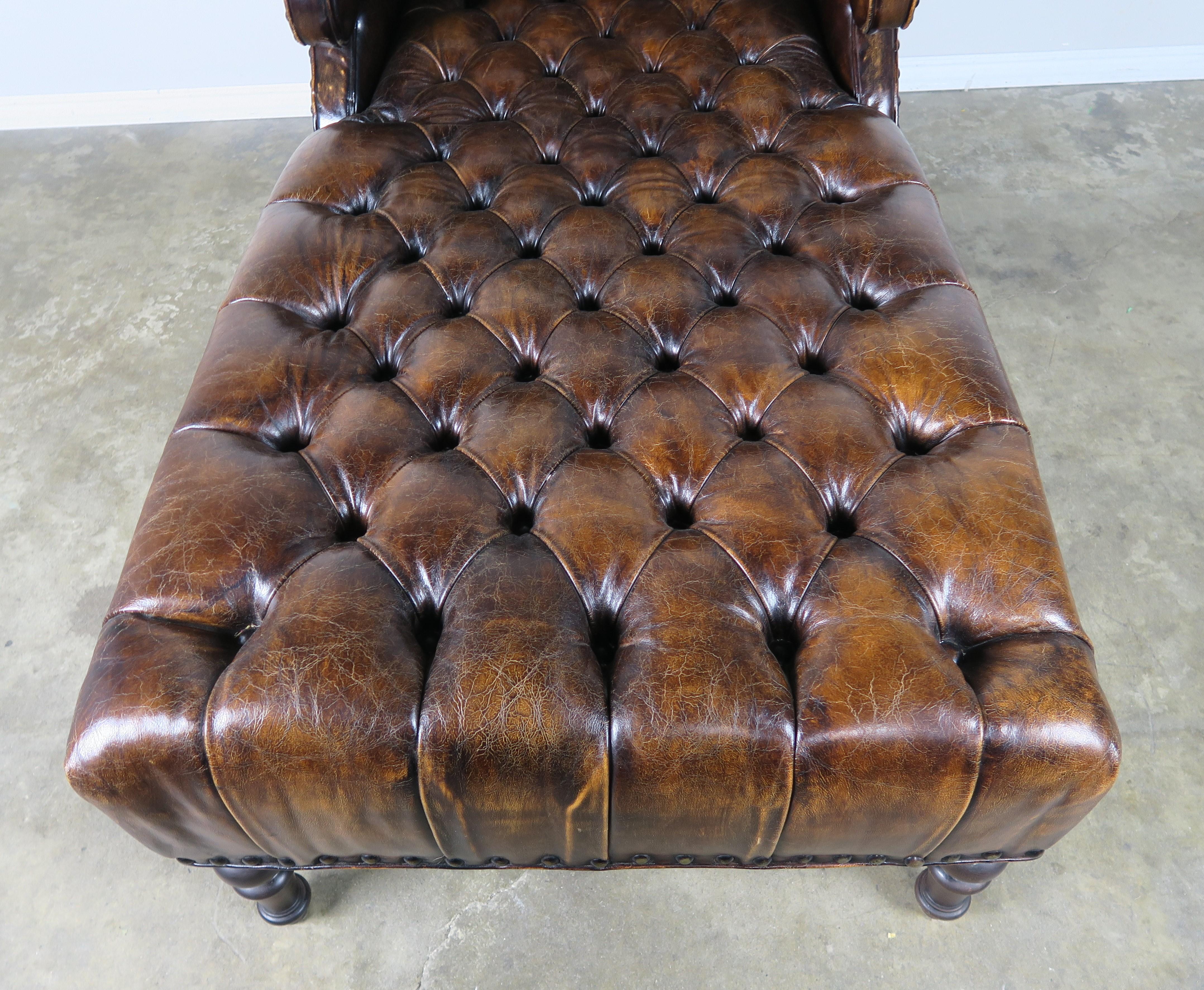 Mid-20th Century Leather Tufted Wingback Chaise with Nailhead Trim Detail