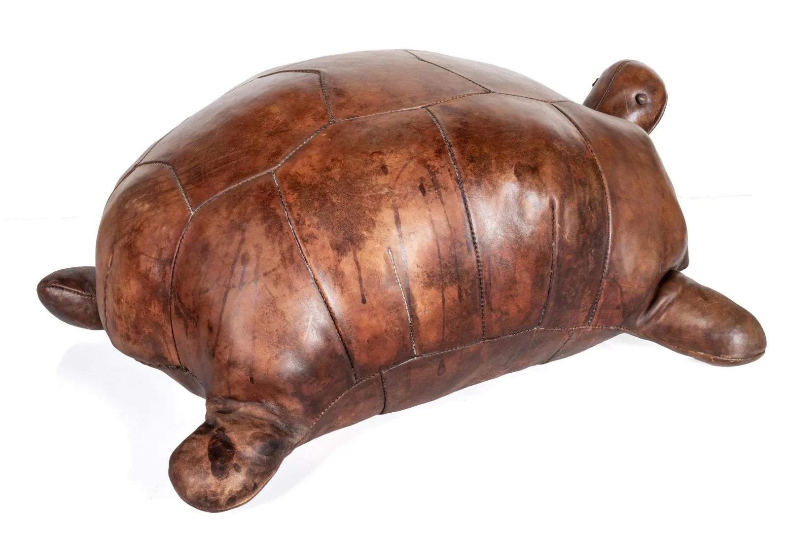 Leather Turtle Foot Stool or Ottoman, Dimitri Omersa, 1970s In Good Condition In Downingtown, PA
