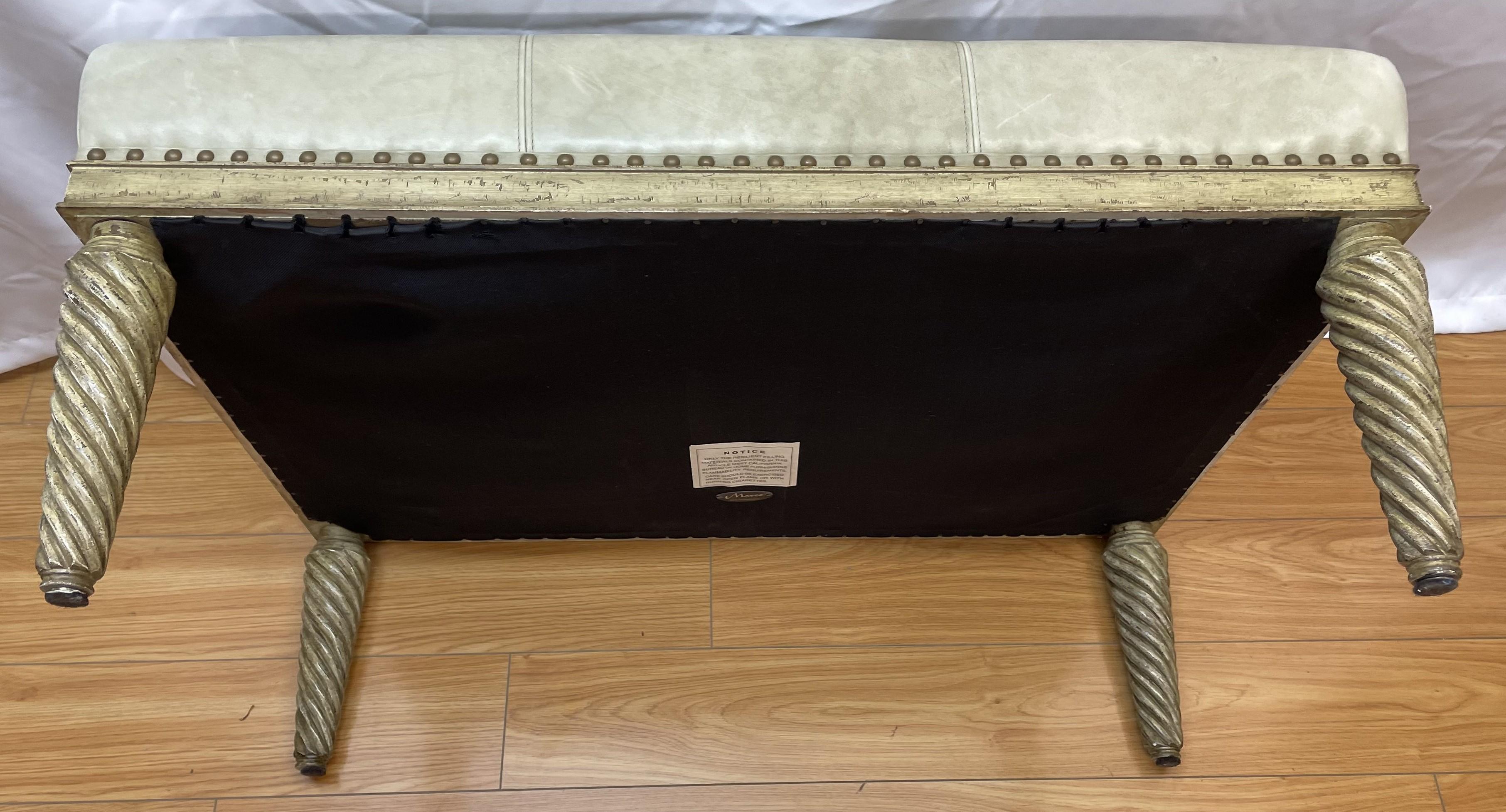 Wood Leather upholstered bench with carved and painted turned legs  For Sale