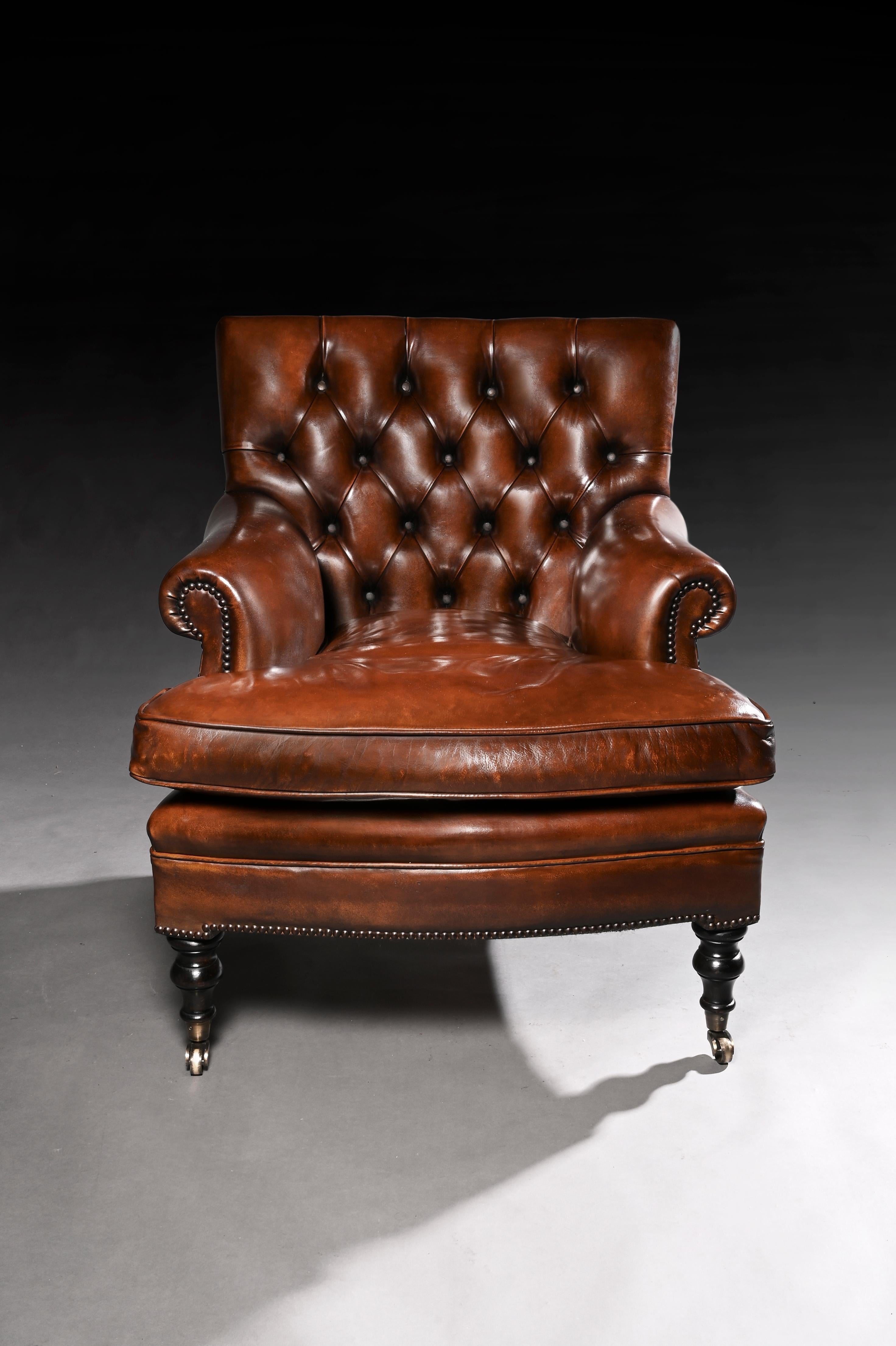 A quality leather upholstered buttoned back armchair.
This well-proportioned armchair has been upholstered in a hand-dyed leather Hyde. The unique design is a one-off and very comfortable and will work in a traditional and contemporary